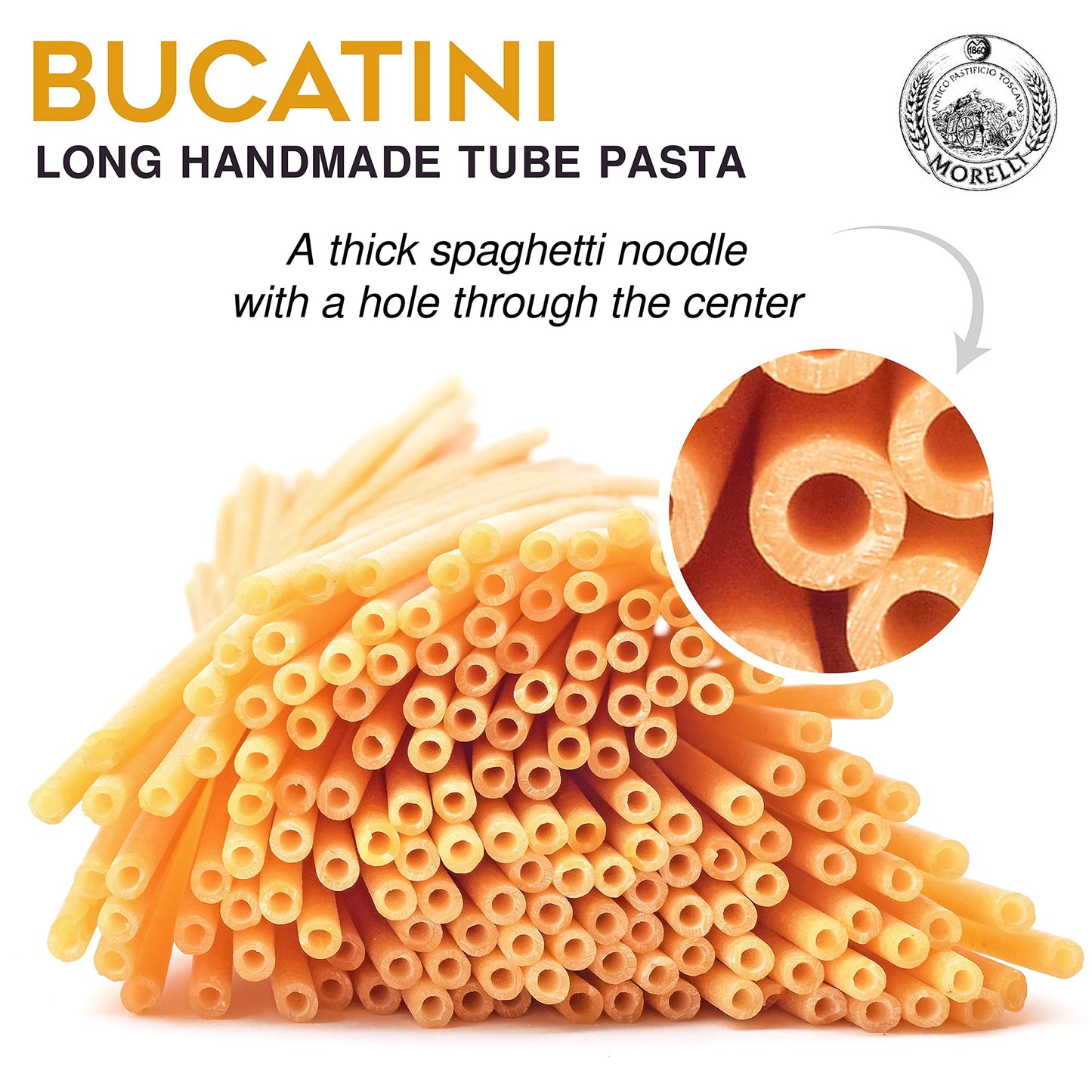 ANTICO PASTIFICIO MORELLI Bucatini Pasta Noodles - Premium Organic Duspirit-inspired flavor Wheat Semolina - 17.6oz / 500g - Yellow