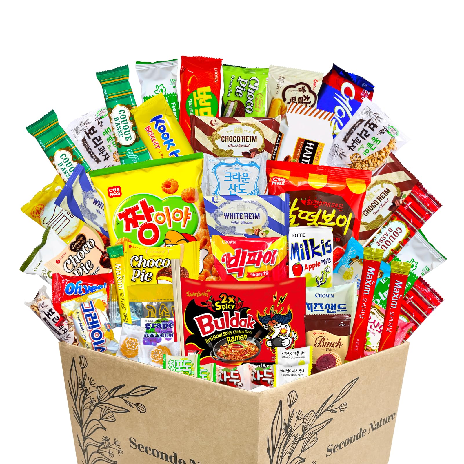 Seconde Nature Korean Snack Box - 48 Count Variety of Chips, Cookies, Ramen & Candy for Kids and Adults