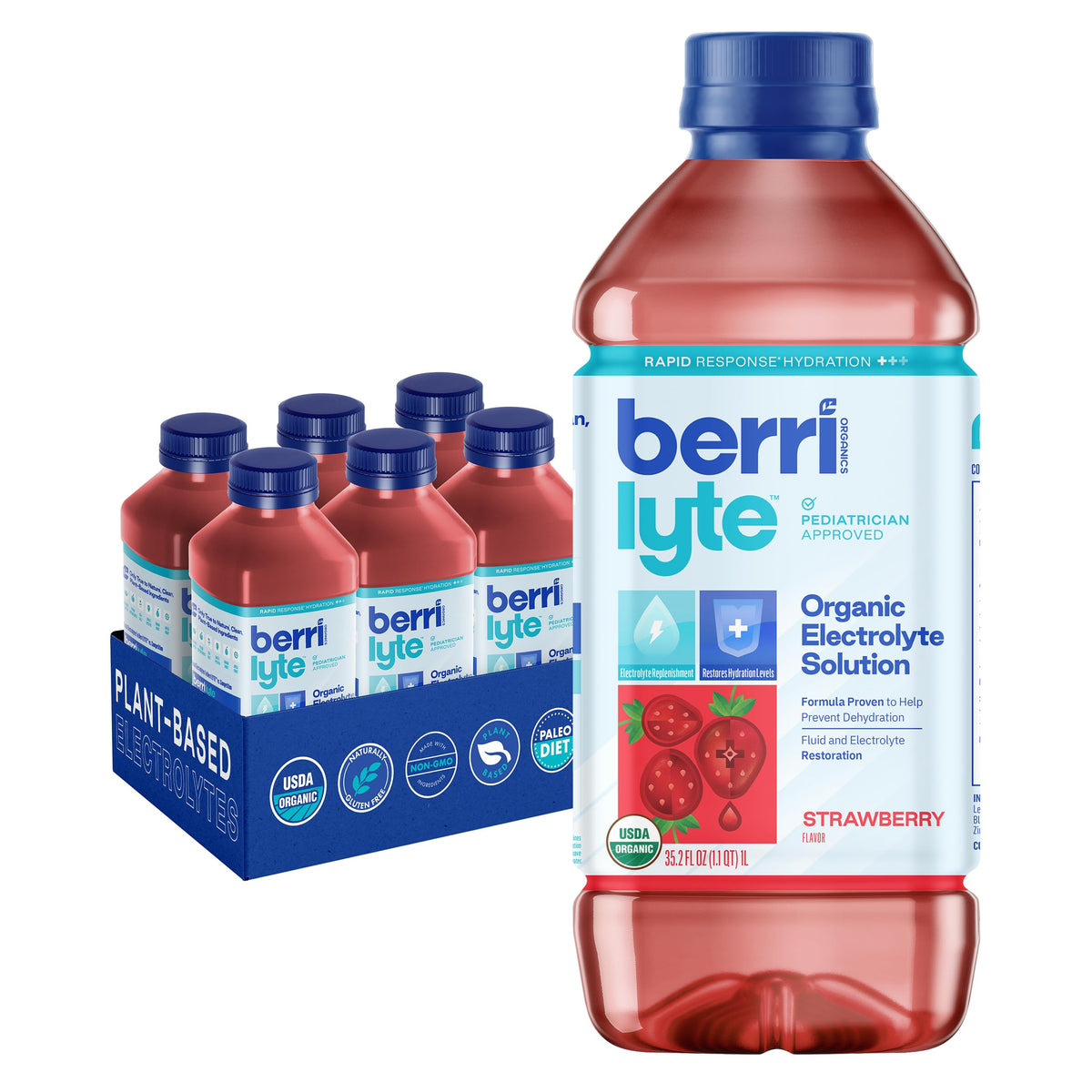 Berri Lyte Plant Based Organic Electrolyte Solution - Pediatric Rehydration Drink - Low Sugar Strawberry Flavor, 1 L, 6 Ct