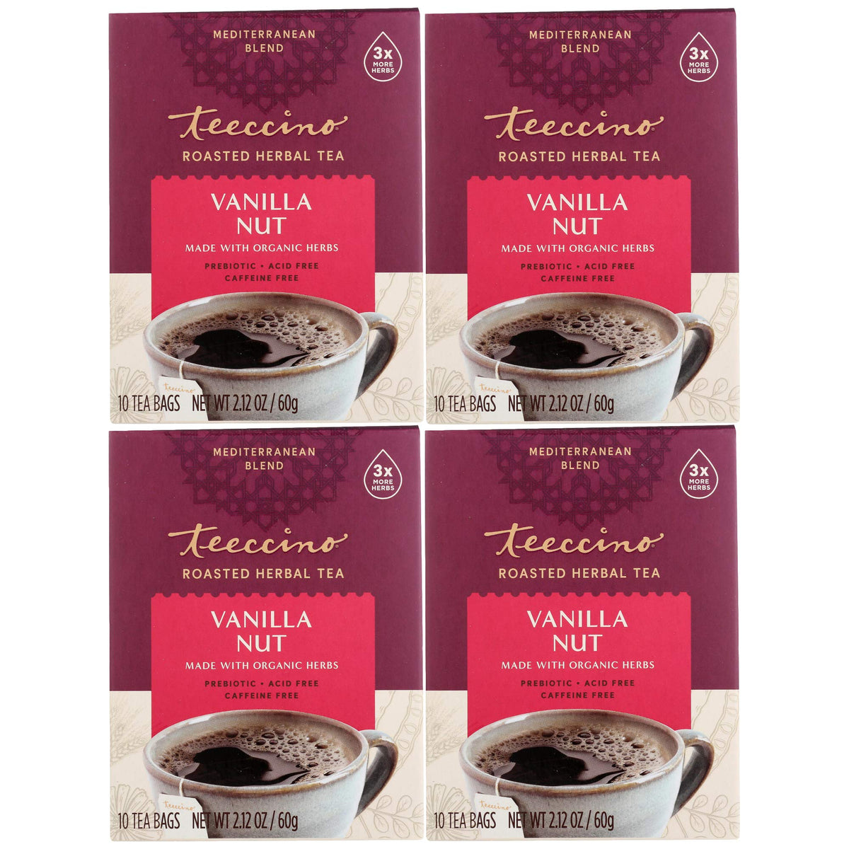 Teeccino Herbal Tea - Vanilla Nut, Caffeine-Free, Prebiotic, 10 Tea Bags, Pack of 4