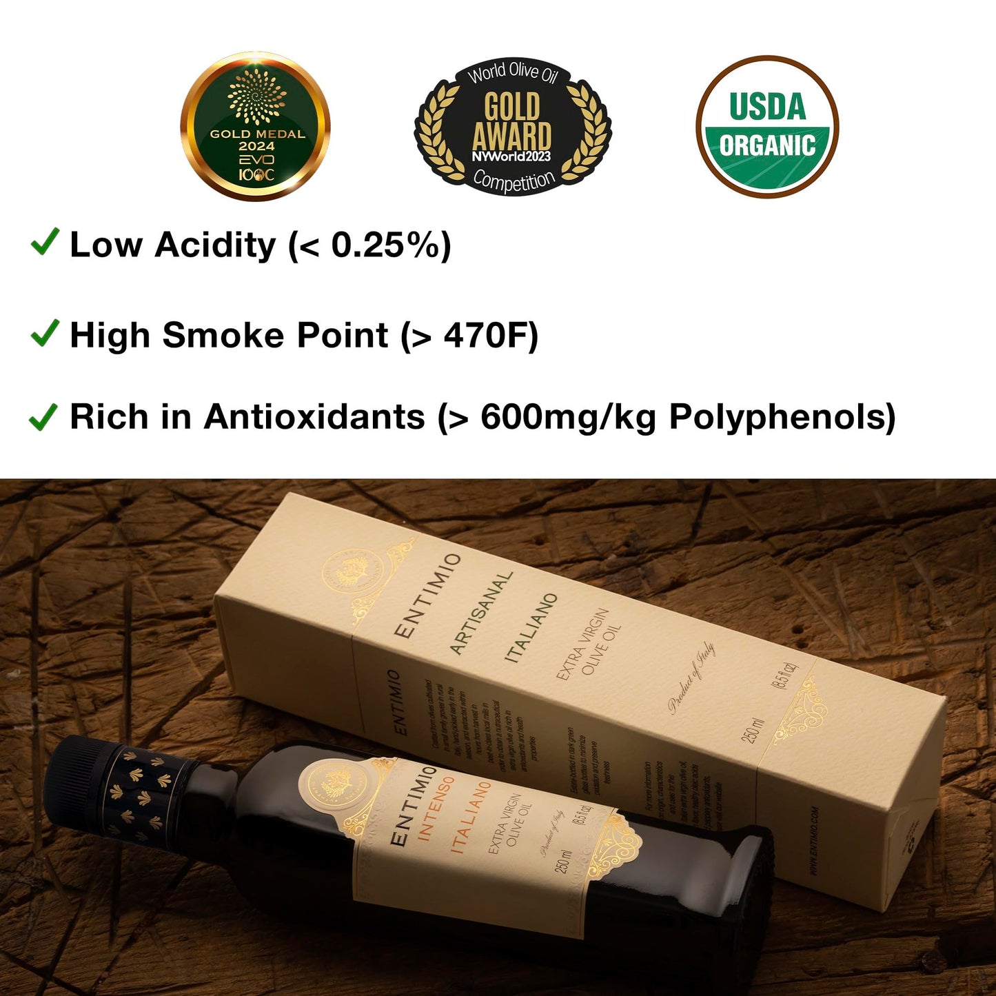 Entimio Intenso - Tuscany Green Robust Extra Virgin Olive Oil Organic, Italian Olive Oil From Italy, 2024 Gold Medal, 600+ Mg/Kg