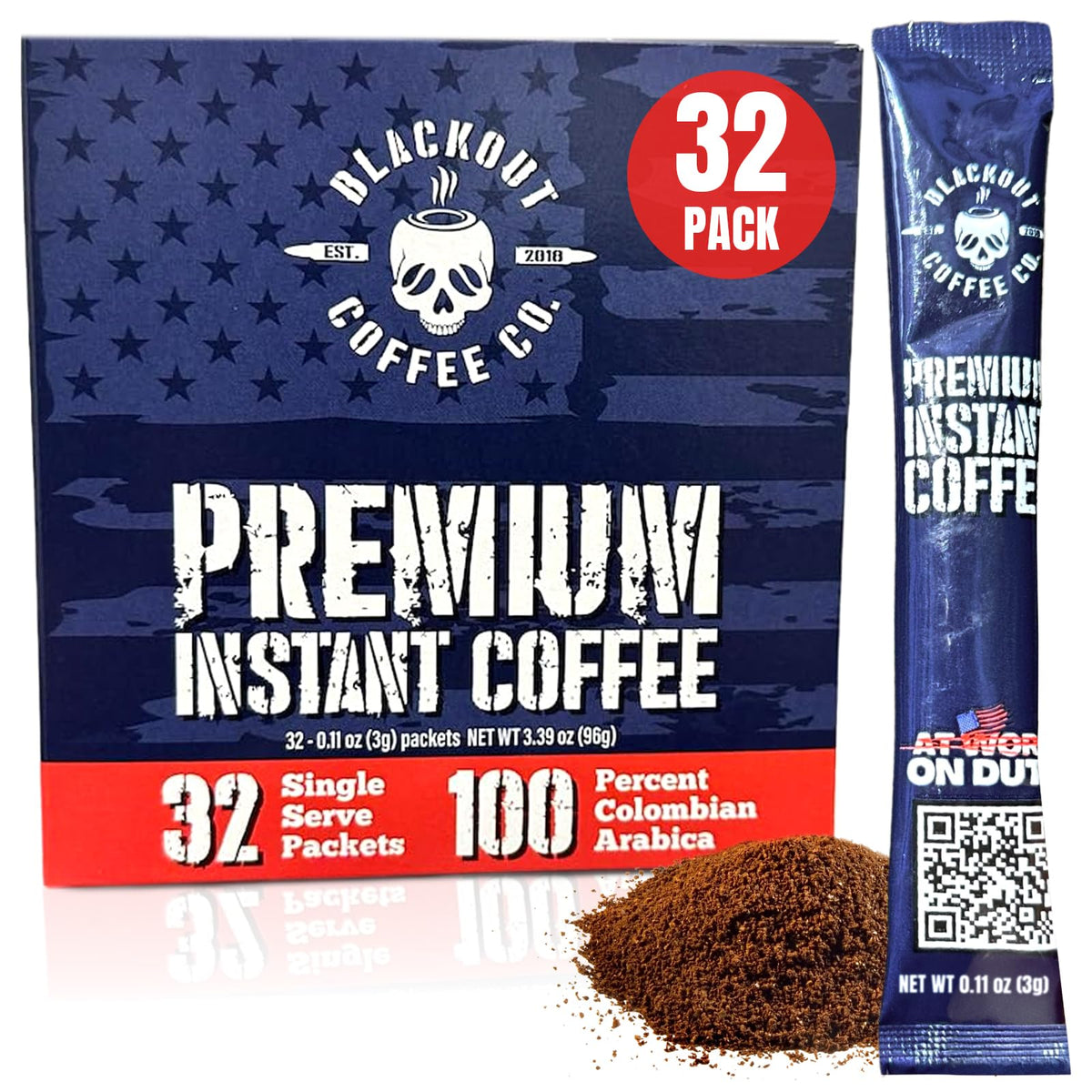 Blackout Coffee Colombian Arabica Instant Coffee - Medium Roast, Strong Aromatic, 32 Count Pack