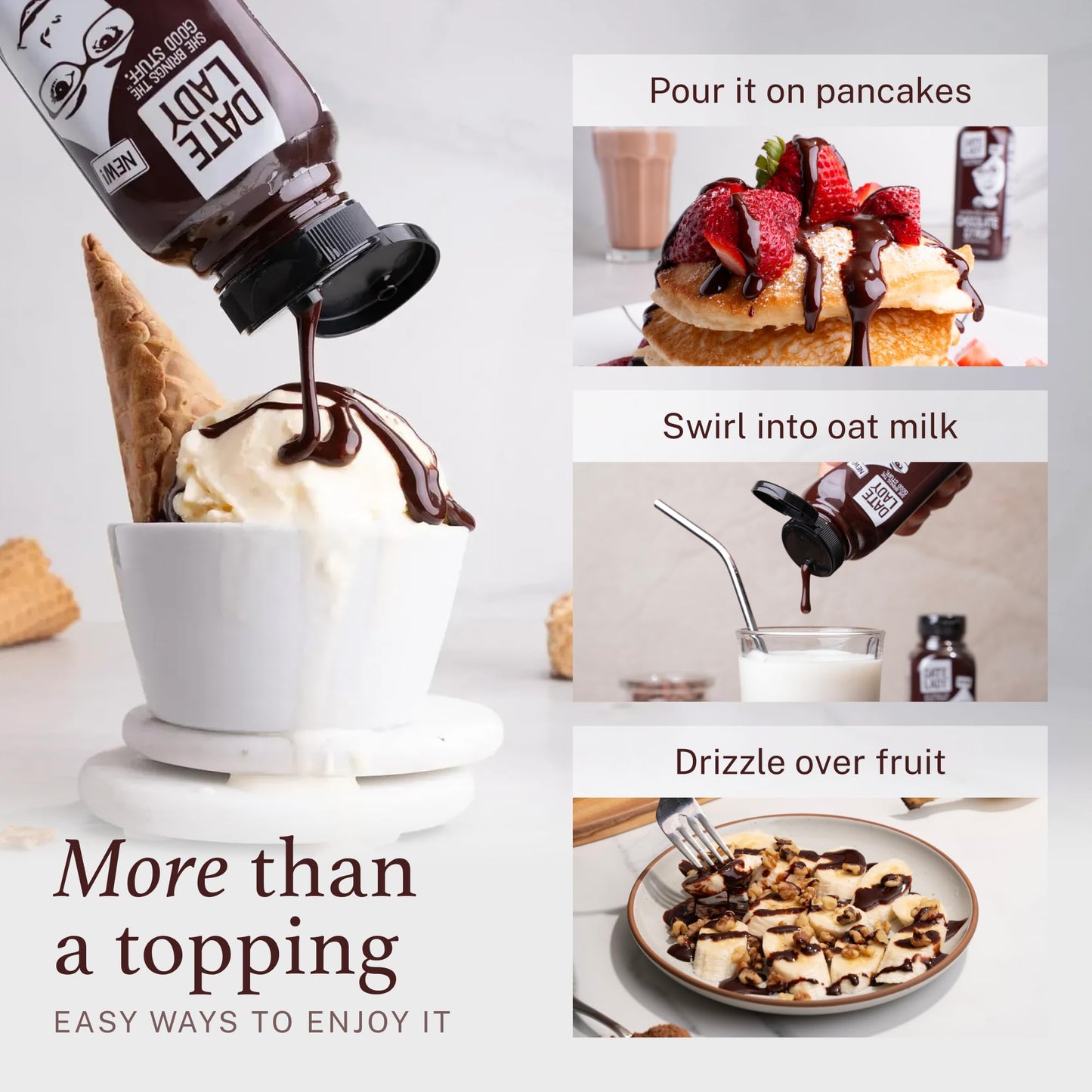 Date Lady Chocolate Syrup | Sweetened Only with Dates | Organic  Vegan  Kosher and Dairy Free | Drizzle on Ice Cream  Pour on Pancakes or Grab a Spoonful! | 1Squeeze Bottle (17oz)
