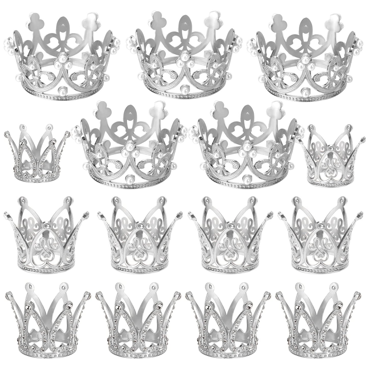 Ayfjovs Silver Crown Cake Topper, 15 Pieces 3 Size Mini Crown Tiny Crown For Cake Topper, Silver Crowns For Flower Arrangements