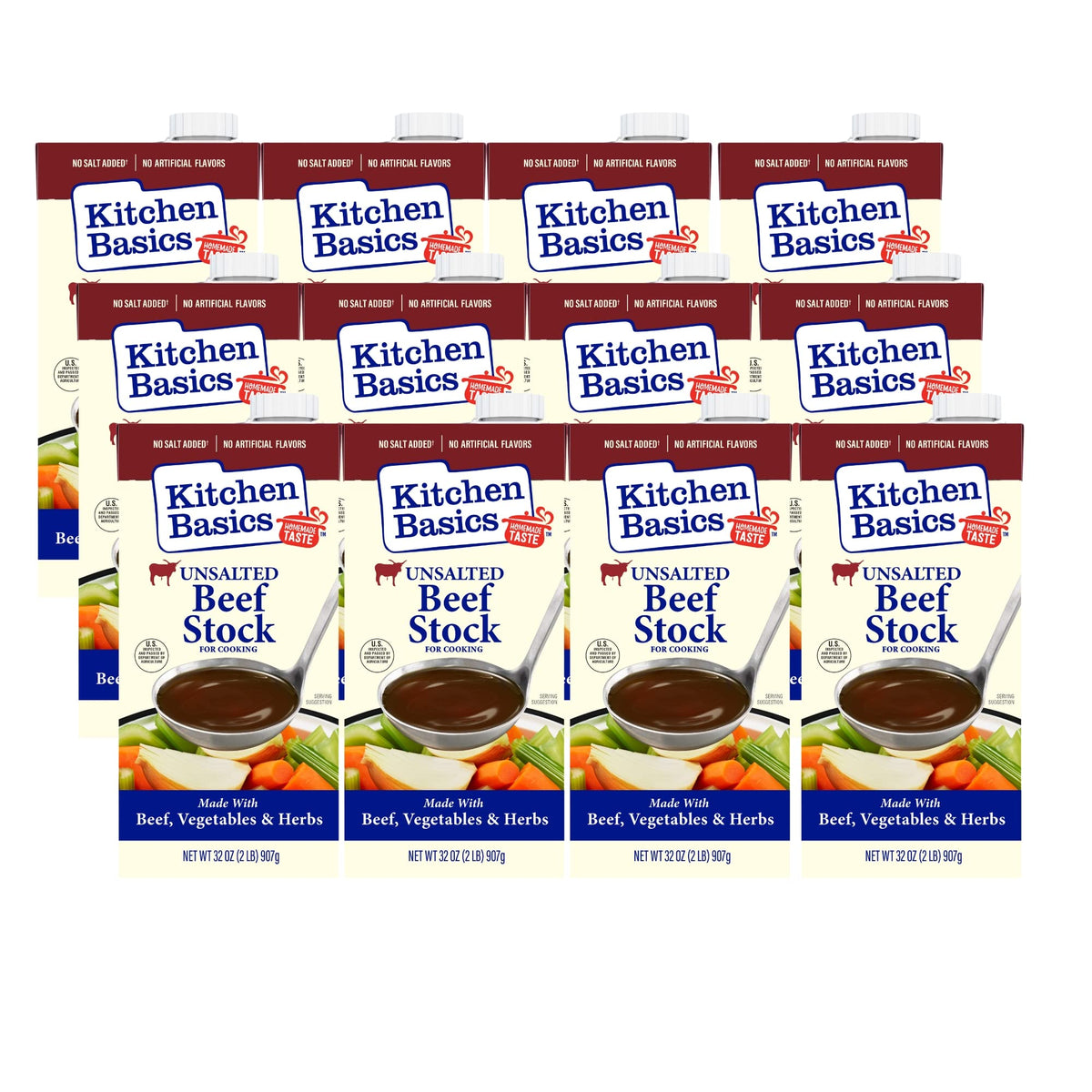 Kitchen Basics Unsalted Beef Stock, 32 oz, Pack of 12, Gluten Free, No Artificial Flavors