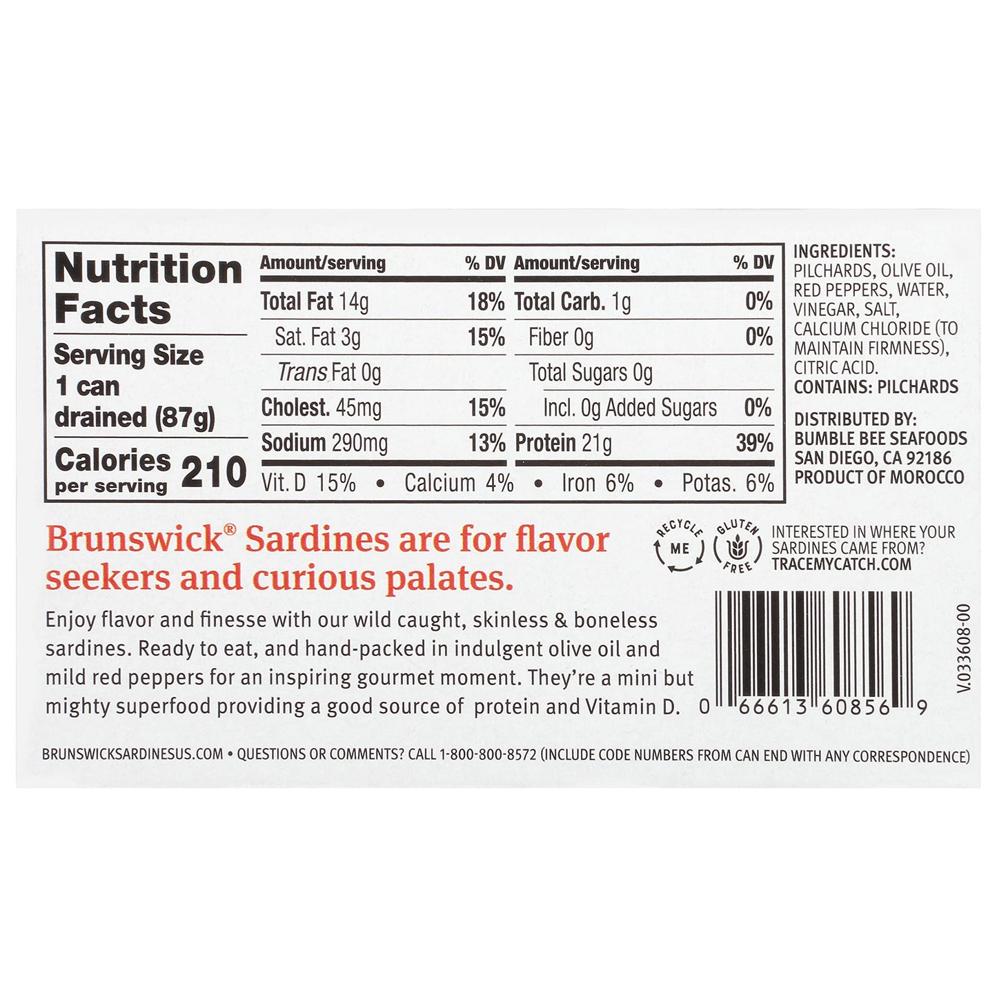 Brunswick Wild Caught Skinless And Boneless Sardines, Served In Olive Oil With Mild Red Peppers, 4.4 Oz