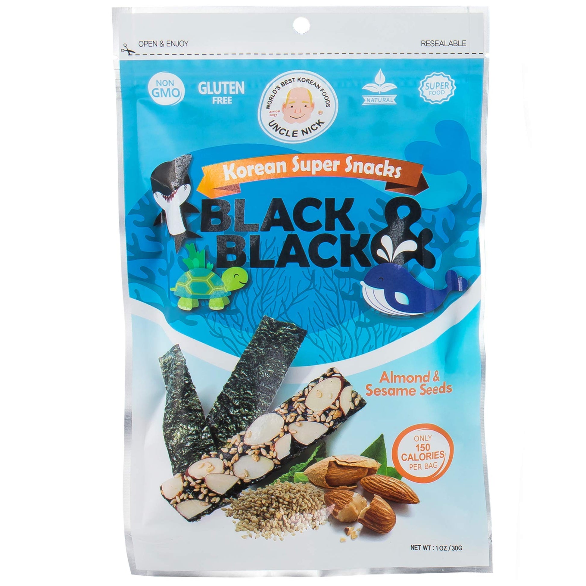 UNCLE NICK Korean Super Snacks - Black & Black Seaweed Snack with Almond and Sesame Seeds 1oz (Pack of 3)