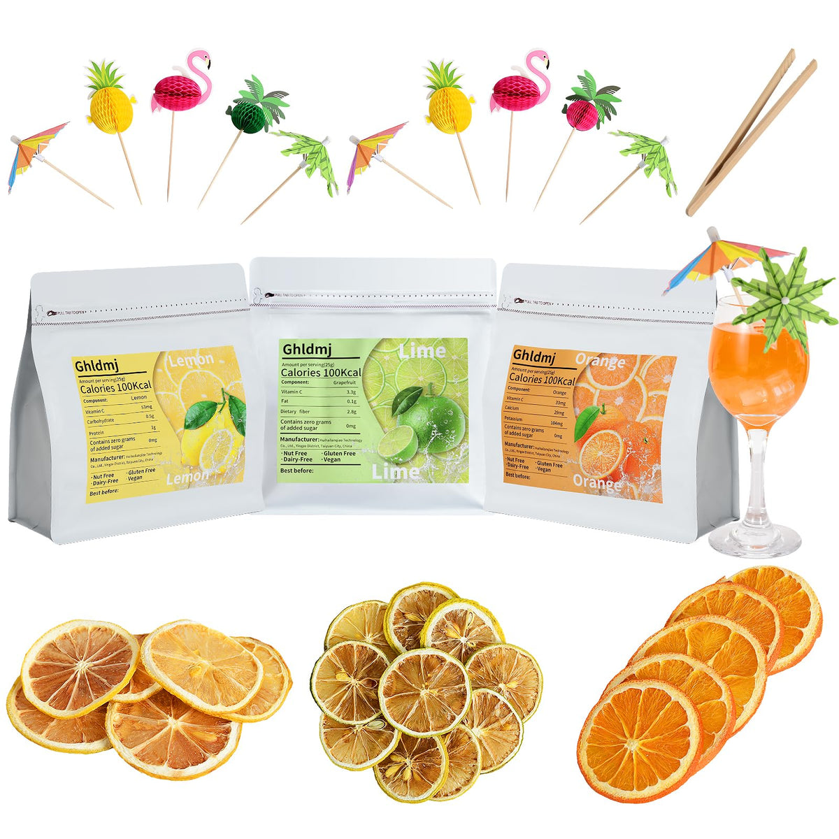 3-Pack Dehydrated Orange Lemon & Lime 9Oz Total Top-Grade Craft Mixed Flavor Garnish With10 Pcs Drink Umbrellas Picks And 1 Fruit Clips For Tea  Beverages  And More Craft Mixed Flavor Home Mixologist Bartender Garnishes Dried Fruit