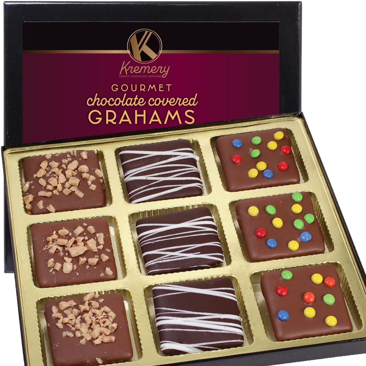 KREMERY Creamy Chocolate Cravings - Fathers Day, Chocolate Covered Graham Crackers Cookies Gift Basket, in Sectional Gift Box (9