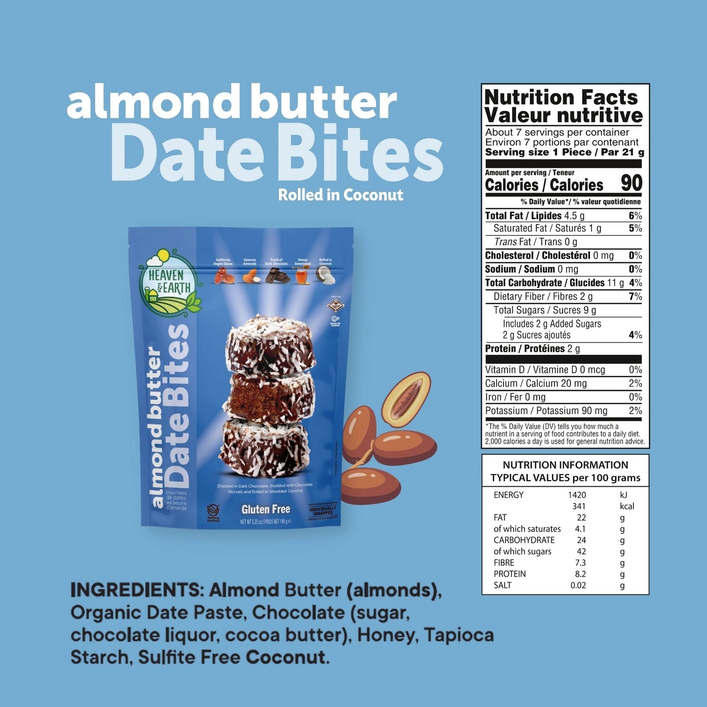 Heaven & Earth Gluten Free Chocolate Covered Almond Butter Date Bite Truffles with Coconut Flakes 5.25oz (2 Pack) Dairy Free, Al