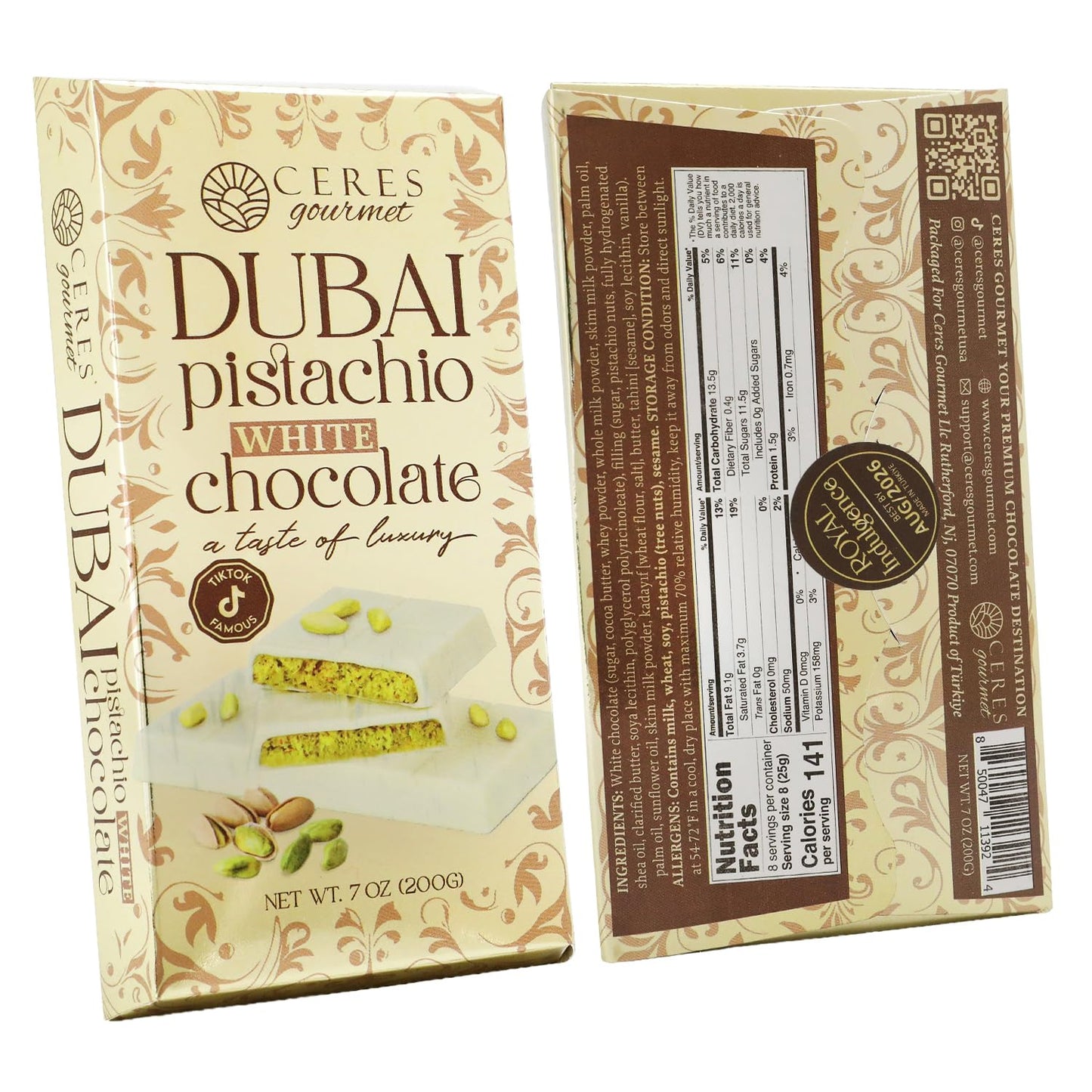 Dubai Chocolate Kunafa Pistachio Bar 7Oz | Famous White Chocolate Kunafe Bar | Crispy Kunafe With Pistachio Paste | Gift Idea For All Occasions | Elegant White Chocolate Kunafa Gift