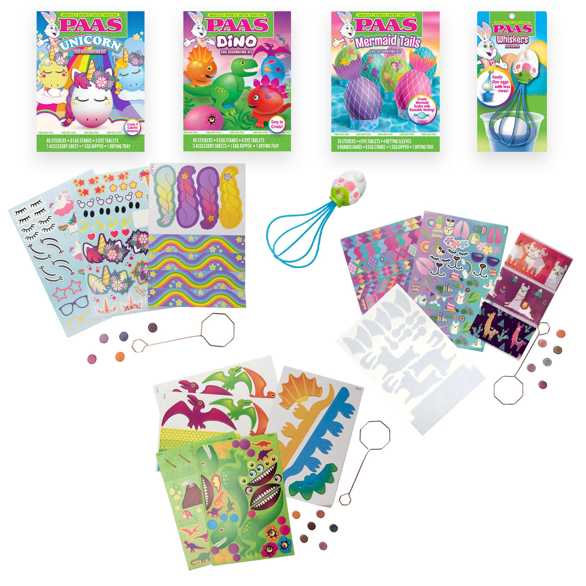Paas Easter Egg Decorating Kit, Includes 1 Unicorn Egg Dying Kit, 1 Loveable Llamas Egg Dying Kit, 1 Dino Decorating Kit Whisker