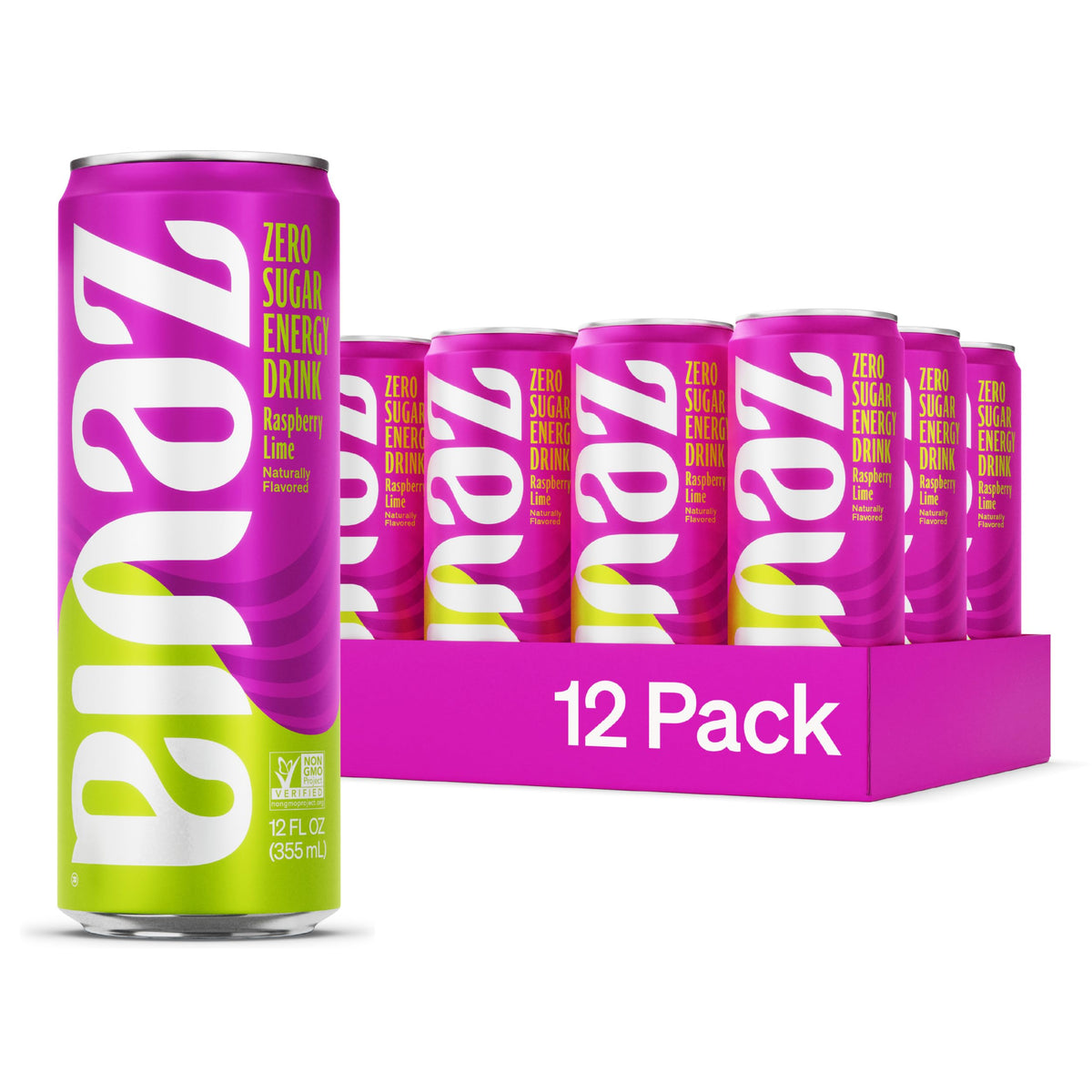 Zevia Zero Sugar Energy Drink, Raspberry Lime, 12 oz Cans (12-Pack), Non-GMO, Gluten-Free, Vegan