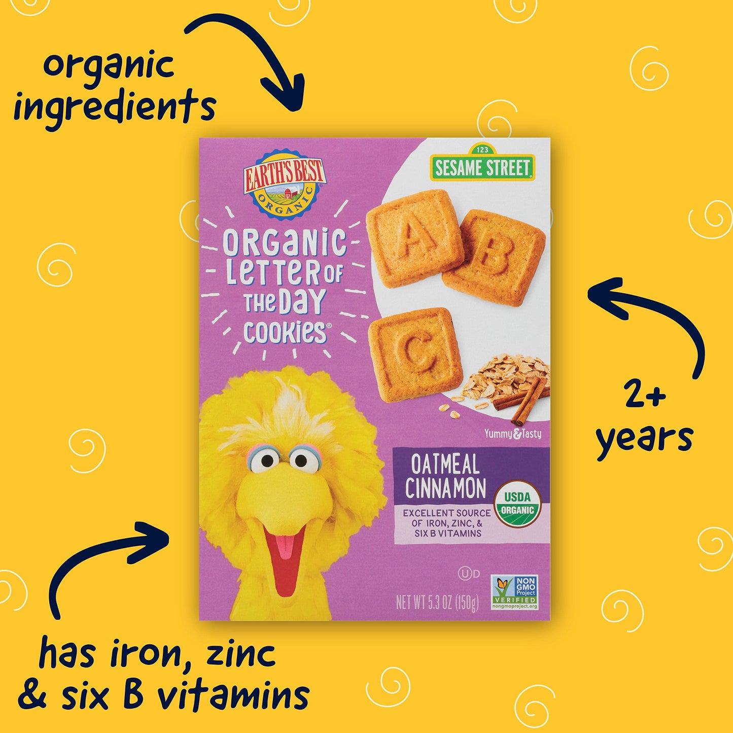 Earth's Best Organic Kids Snacks, Sesame Street Toddler Snacks, Organic Letter of the Day Cookies for Toddlers 2 Years and Older