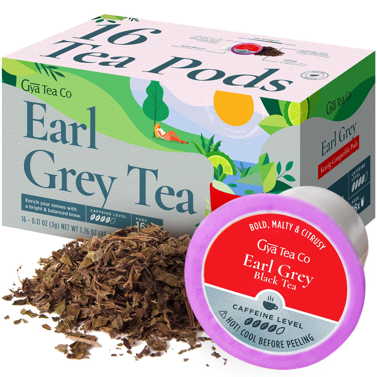 Gya Tea Co Earl Grey Black Tea Pods, Caffeinated, 16 Count, Enjoy Hot or Iced