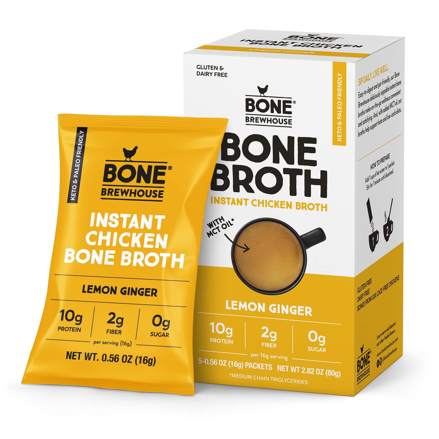 Bone Brewhouse - Chicken Bone Broth Protein Powder - Lemon Ginger Flavor - Keto & Paleo Friendly - Instant Soup Broth - 10g Prot