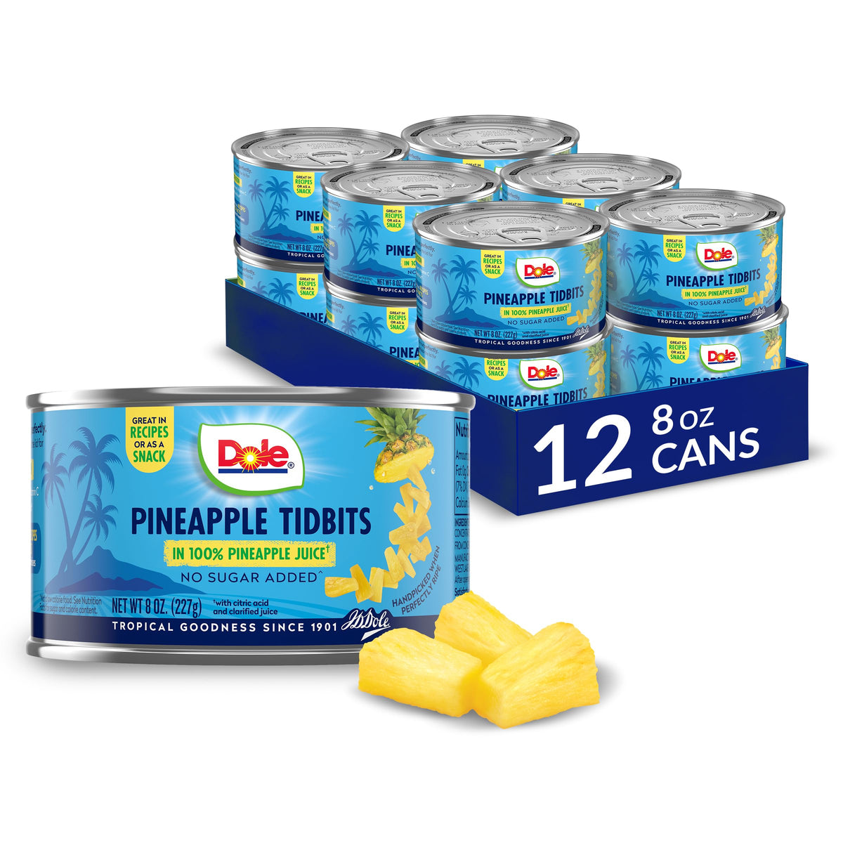 Dole Pineapple Tidbits in 100% Pineapple Juice with No Sugar Added - Dole Canned Fruit - 8 oz Cans - 12 Pack