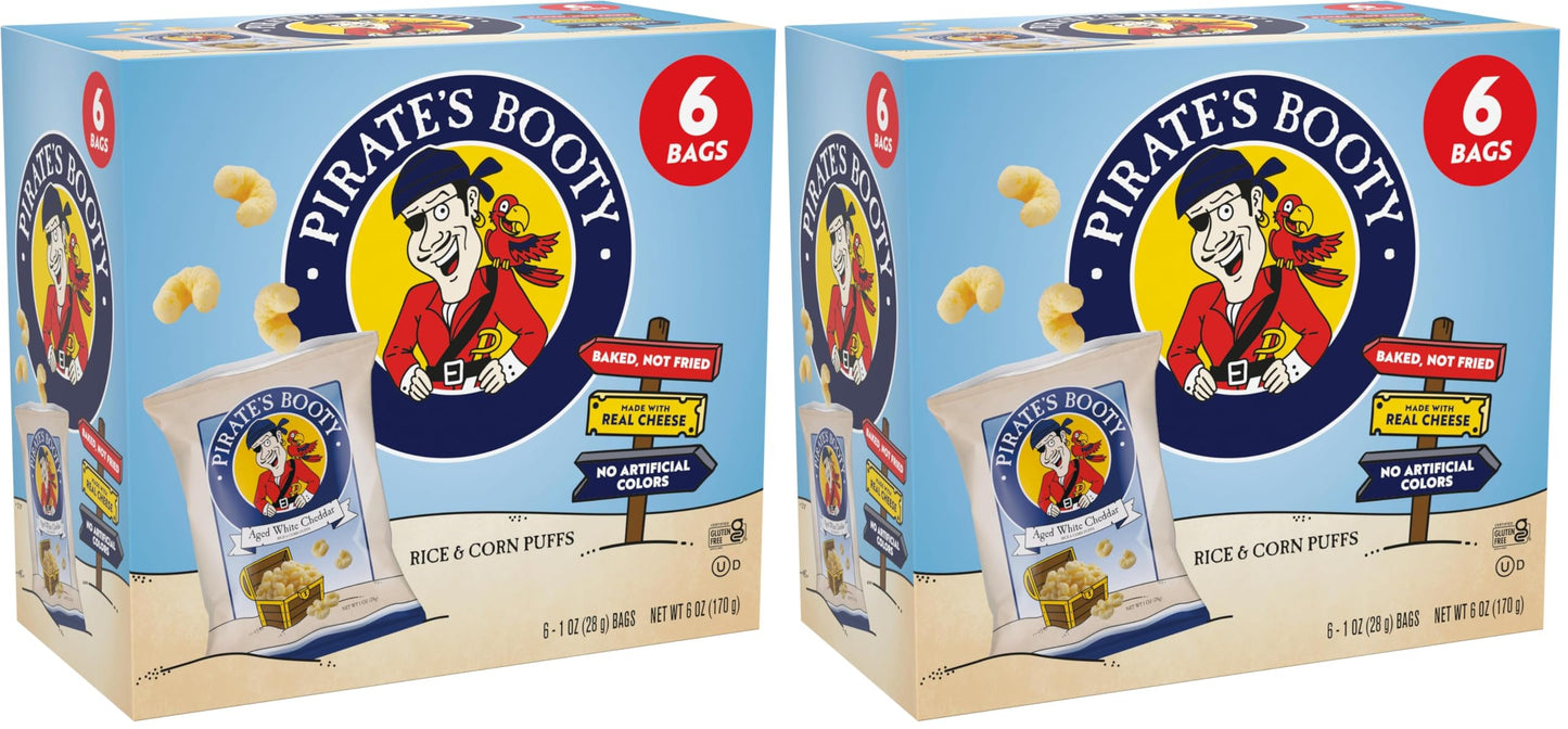 Pirates Booty Aged White Cheddar Cheese Puffs, Gluten-Free, Kids Snacks, 1 oz (6ct) (Pack of 2)