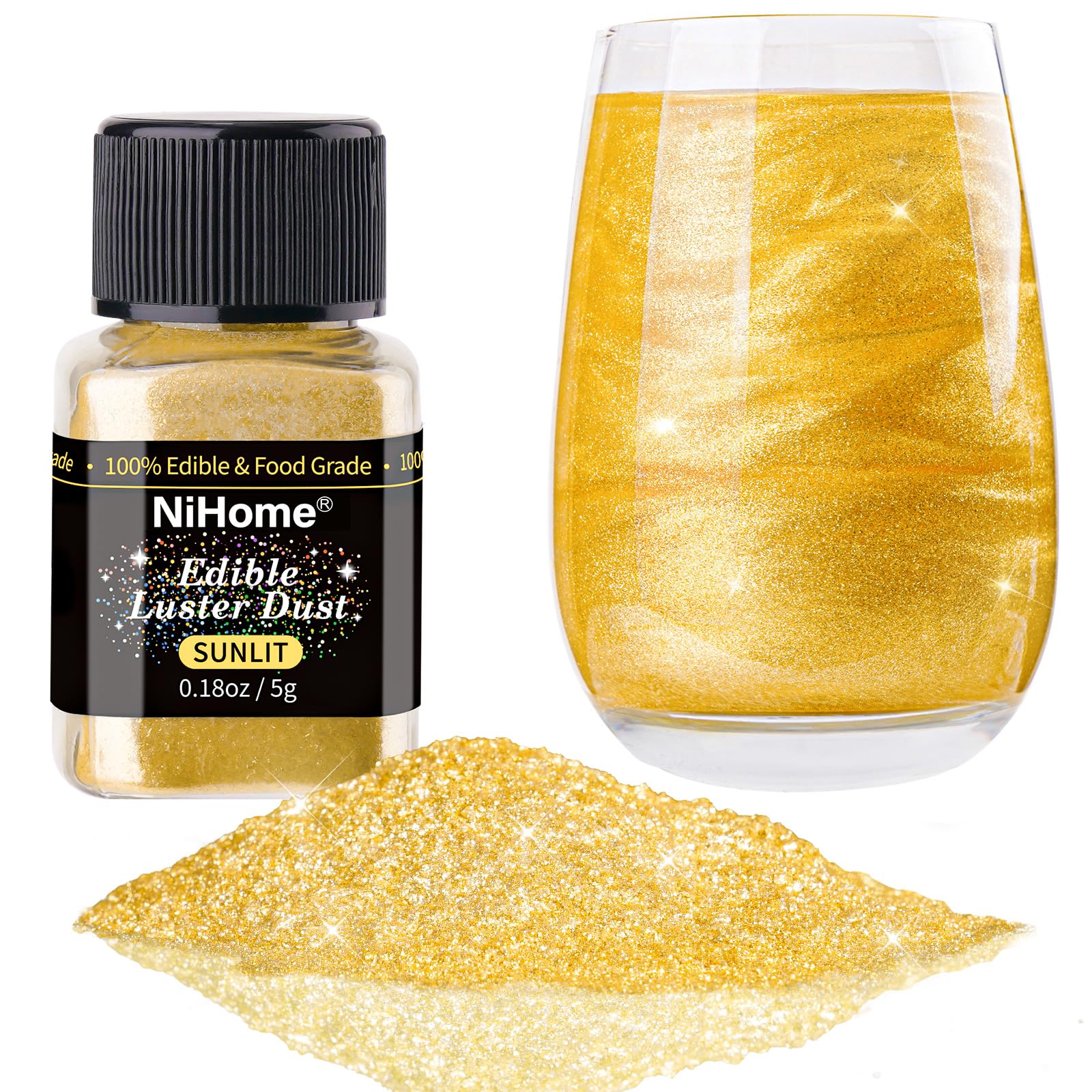 NiHome Edible Glitter Powder, Luster Dust for Food Decorating, 5g, Gold