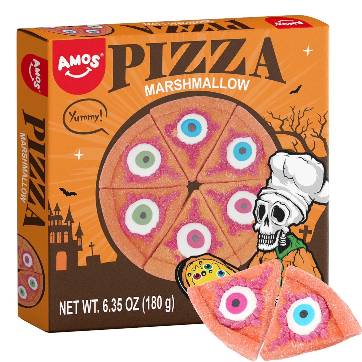 Amos Halloween Pizza Gummy & Eyeball Marshmallow Candy – Fun Treats for Kids & Parties – 180g Bag