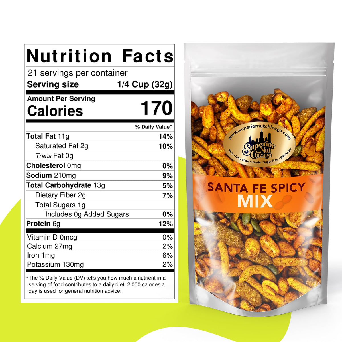 Superior Nut Chicago Santa Fe Spicy Trail Mix - Salty & Savory Snack - Spicy Mix W/ 6G Protein - Hot Peanuts, Cajun Corn Sticks,