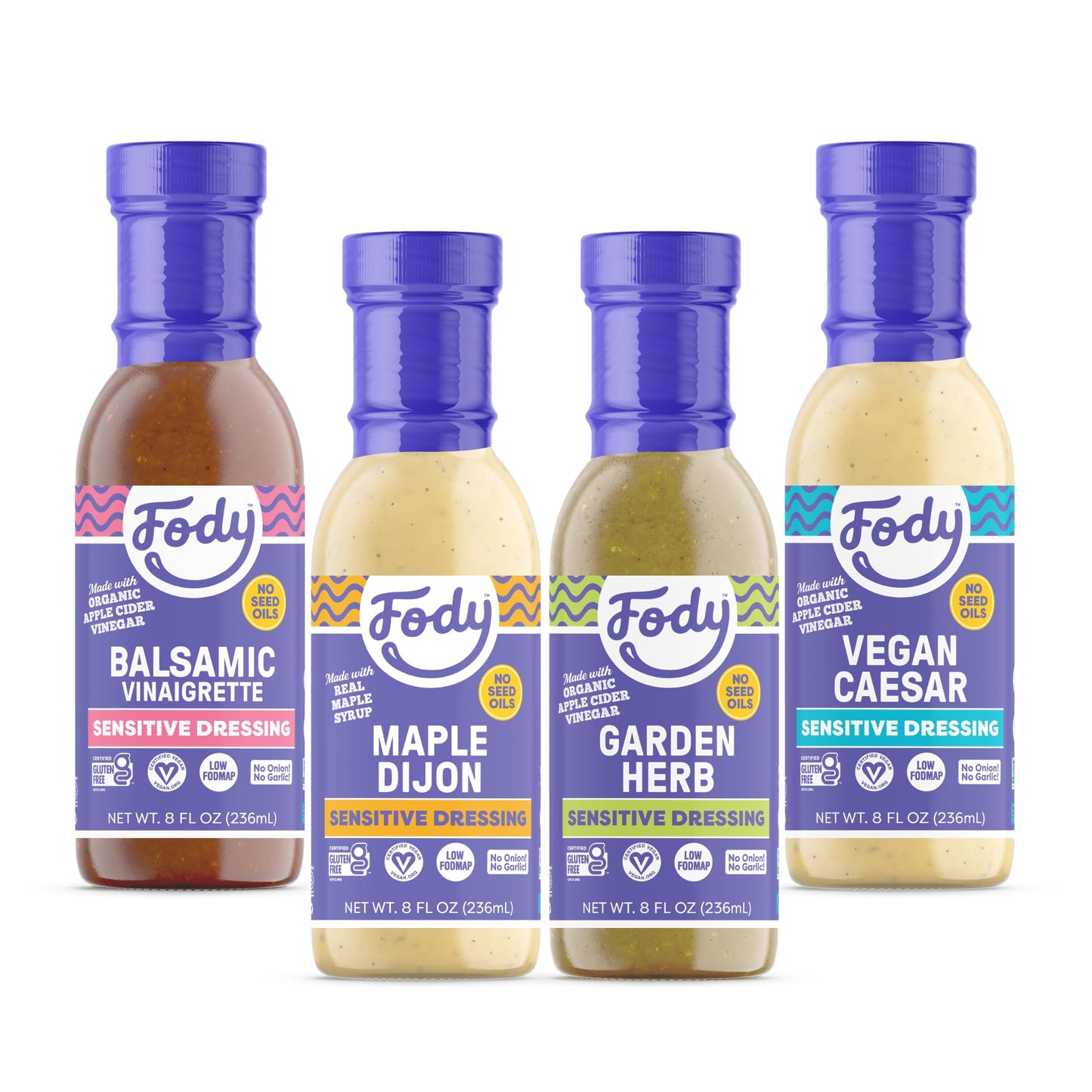 Fody Foods Salad Dressing Variety Pack, 8 Oz (Pack Of 4), Garlic And Onion Free, Low Fodmap Certified, Gut & Ibs Friendly, Vegan, Non-Gmo, Gluten Free, Keto Friendly
