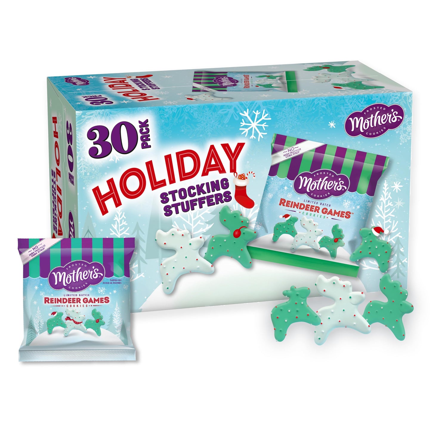 Mothers Frosted Cookies, Limited Batch Reindeer Games, stocking stuffer, Christmas Shortbread Animal Cookies, 30 Bags, 0.5 oz Ea