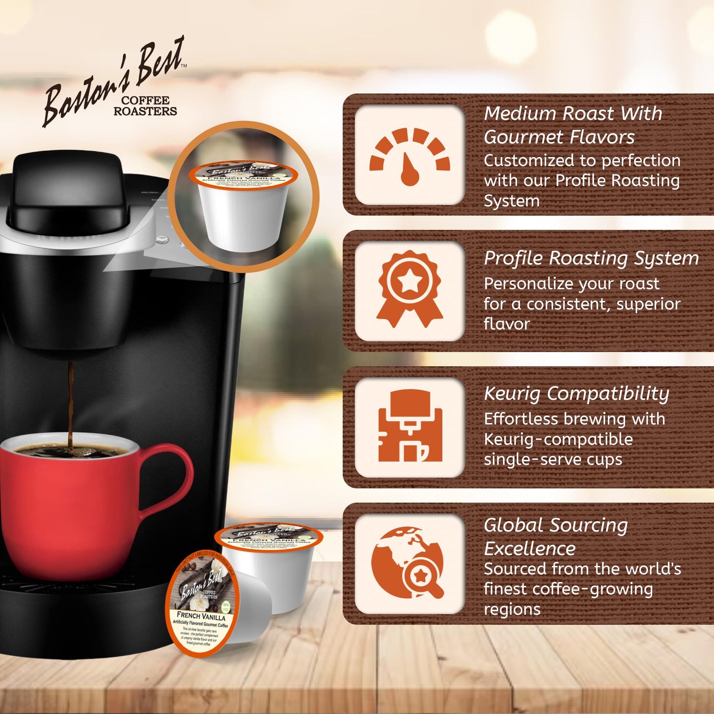 Bostons Best French Vanilla Coffee Pods, Medium Roast, 12 Single Serve Cups, Compatible with Keurig Coffee Maker, Model 017809009318