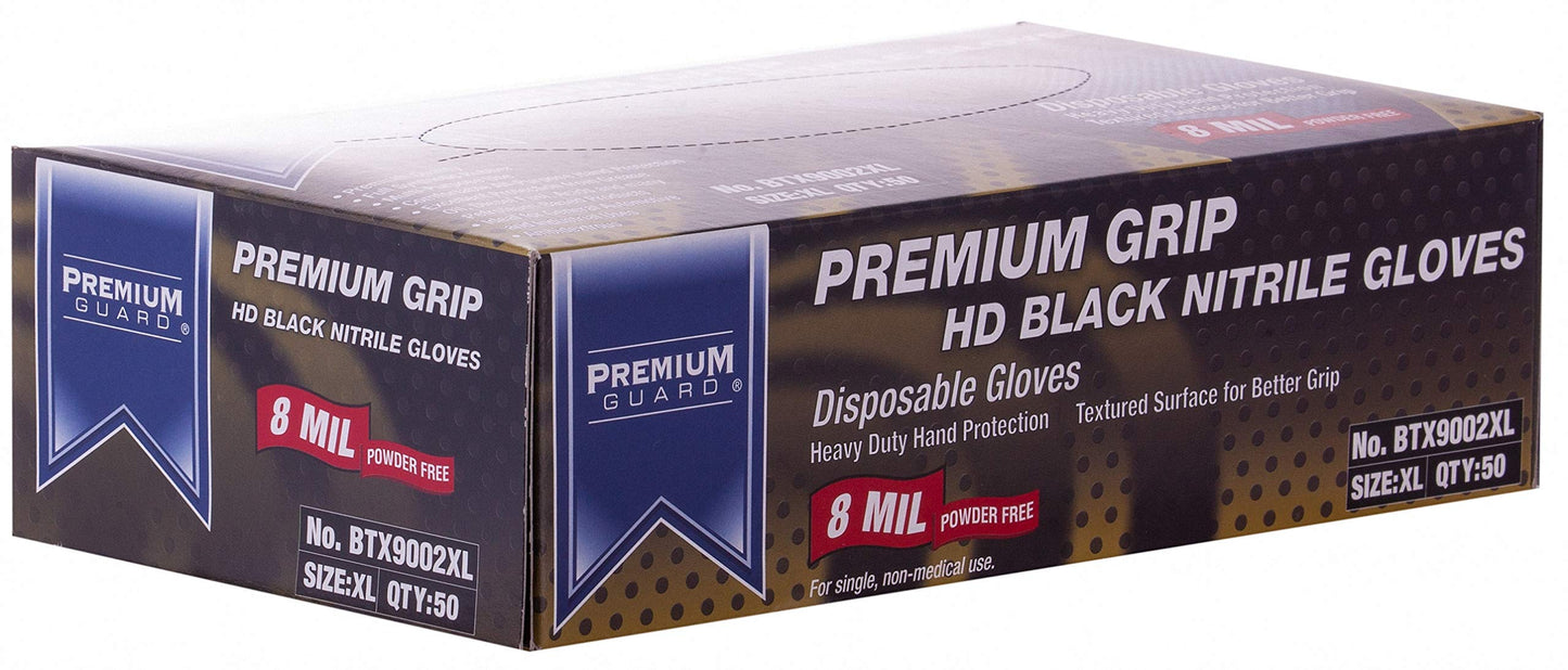 Premium Guard - Nitrile Gloves Heavy Duty 8 Mil Disposable, Powder Free, Black, 50 Gloves Per Box (X-Large)