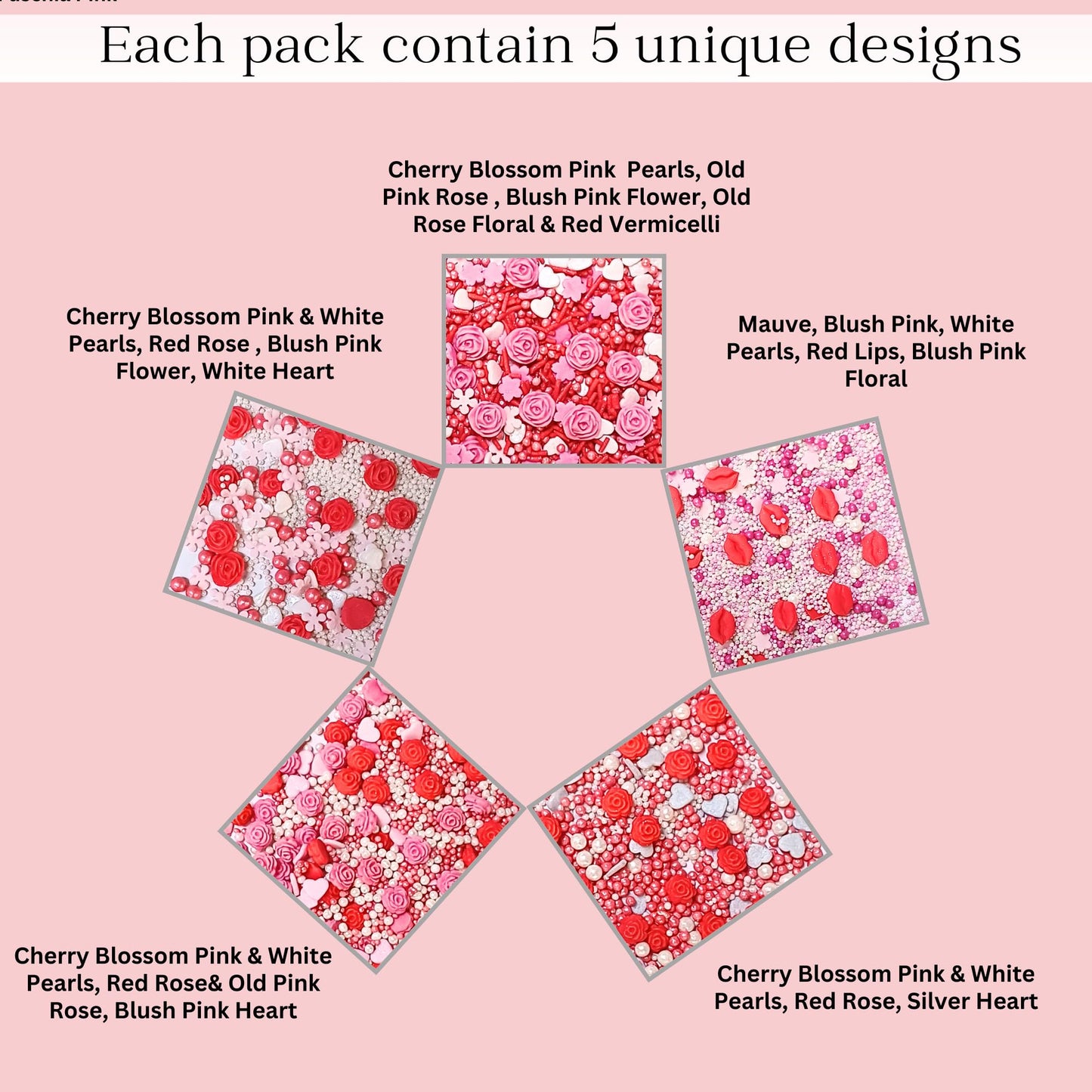 Confect Pink Mini Roses & Lips I Silver Hearts & Vermcelli And White Pearls | Sprinkles For Baking & Cake Decorative | Baby Show