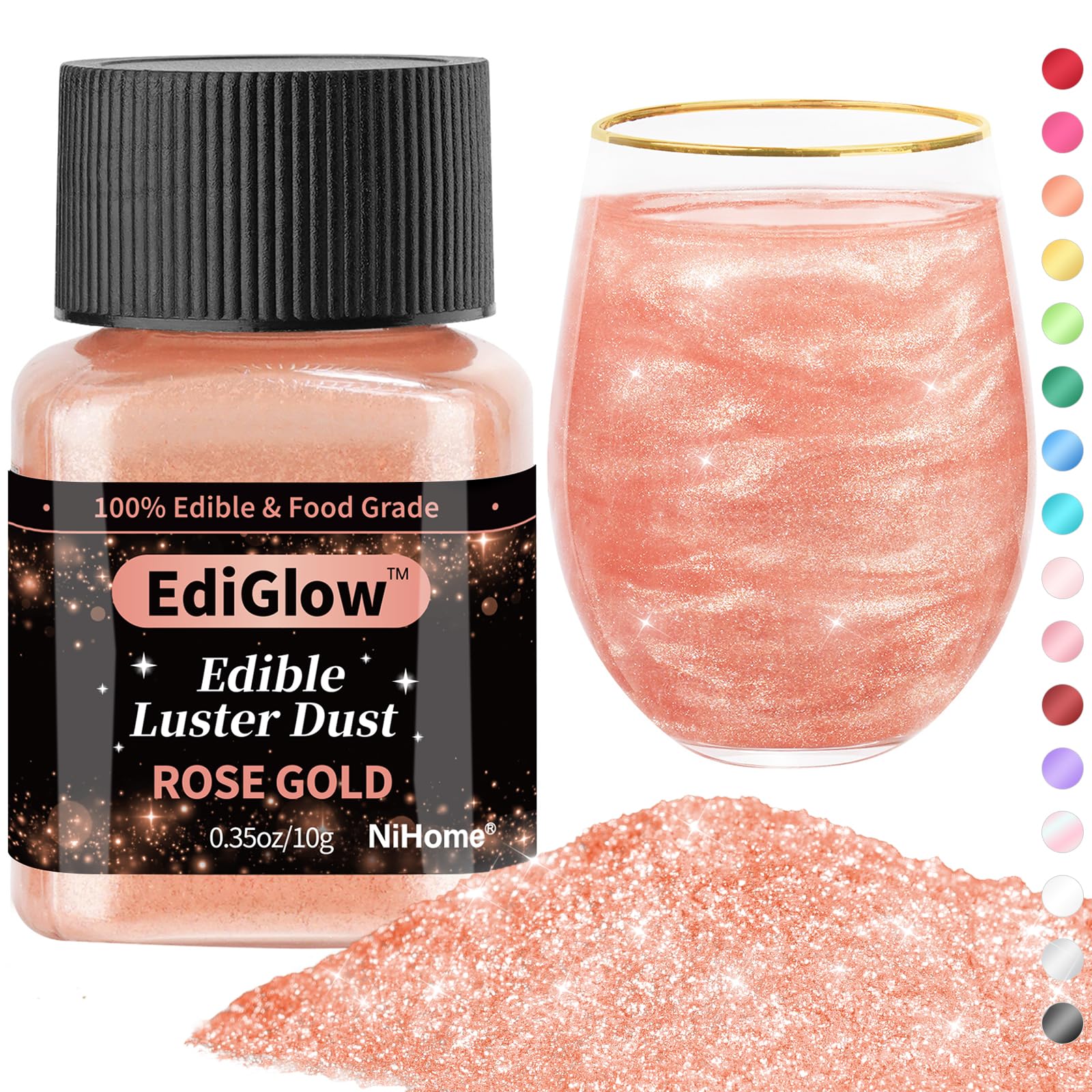 Nihome Edible Food-Grade Glitter Powder Glimmer Luster Dust Metallic Fancy Food Decorating Sprinkle Glimmery Dust For Drink Beverage-Inspired Beverage Cake Bakery Vegan Allergen-Free (Rose Gold  0.35Oz/10G)
