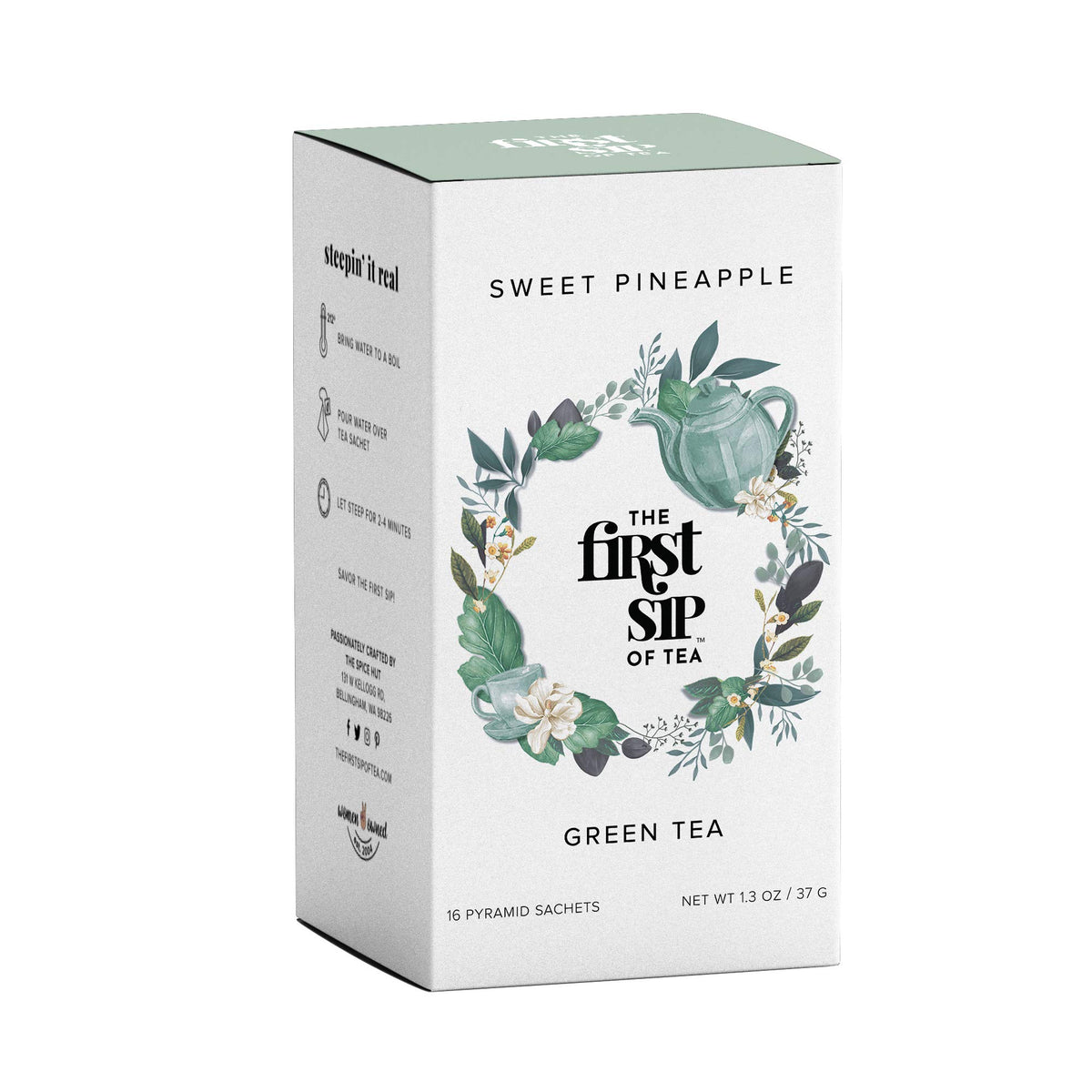 The Spice Hut Sweet Pineapple Green Tea Pyramid Sachet Bags, Caffeinated, 16 Count Box
