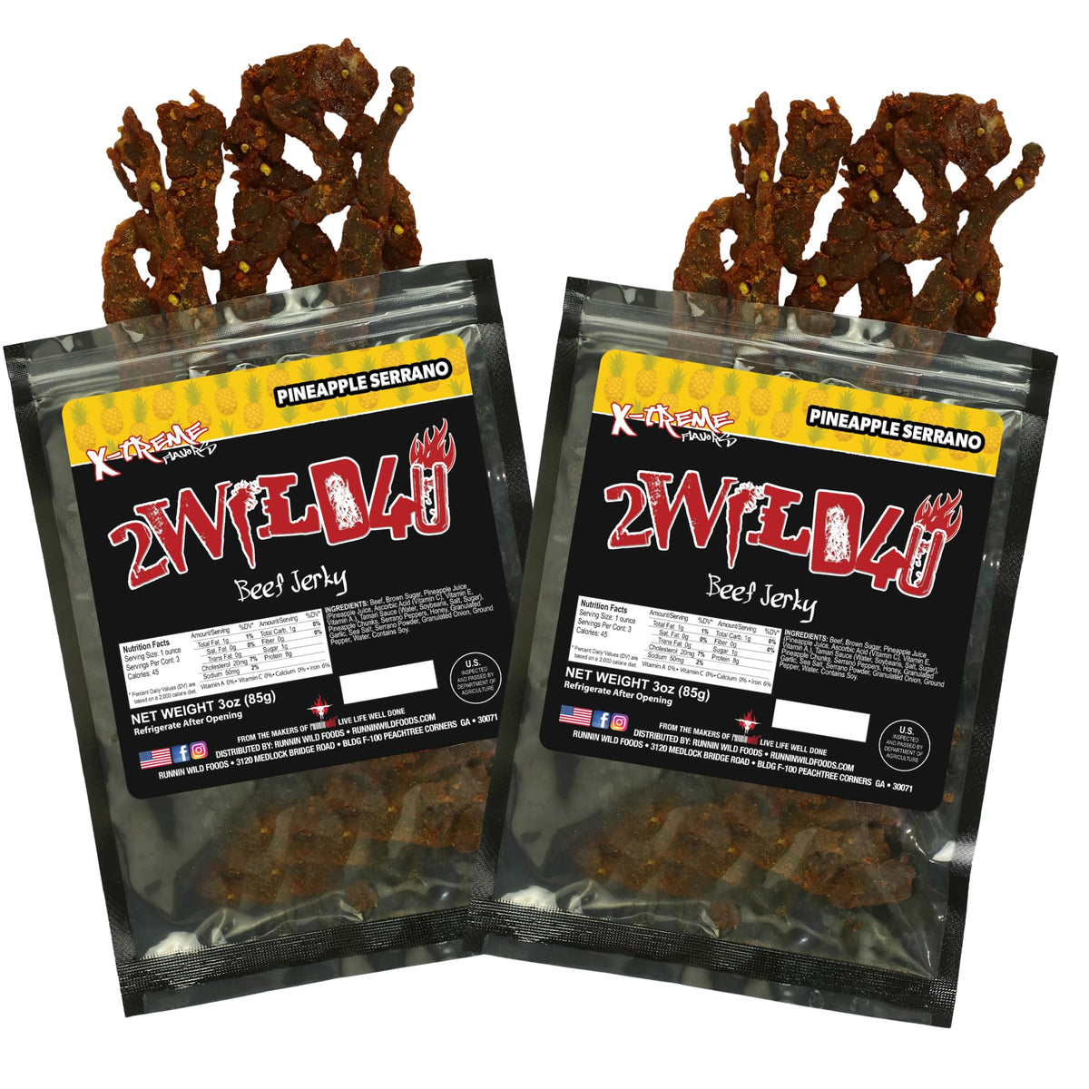 Pineapple Serrano Beef Jerky | Spicy Sweet Brisket Cut Jerky With Real Pineapple & Serrano Peppers | 24 Grams Of Protein Per Bag | 2Wild4U  6 Ounces Total (Pack Of 2 Bags  3 Ounces Each)