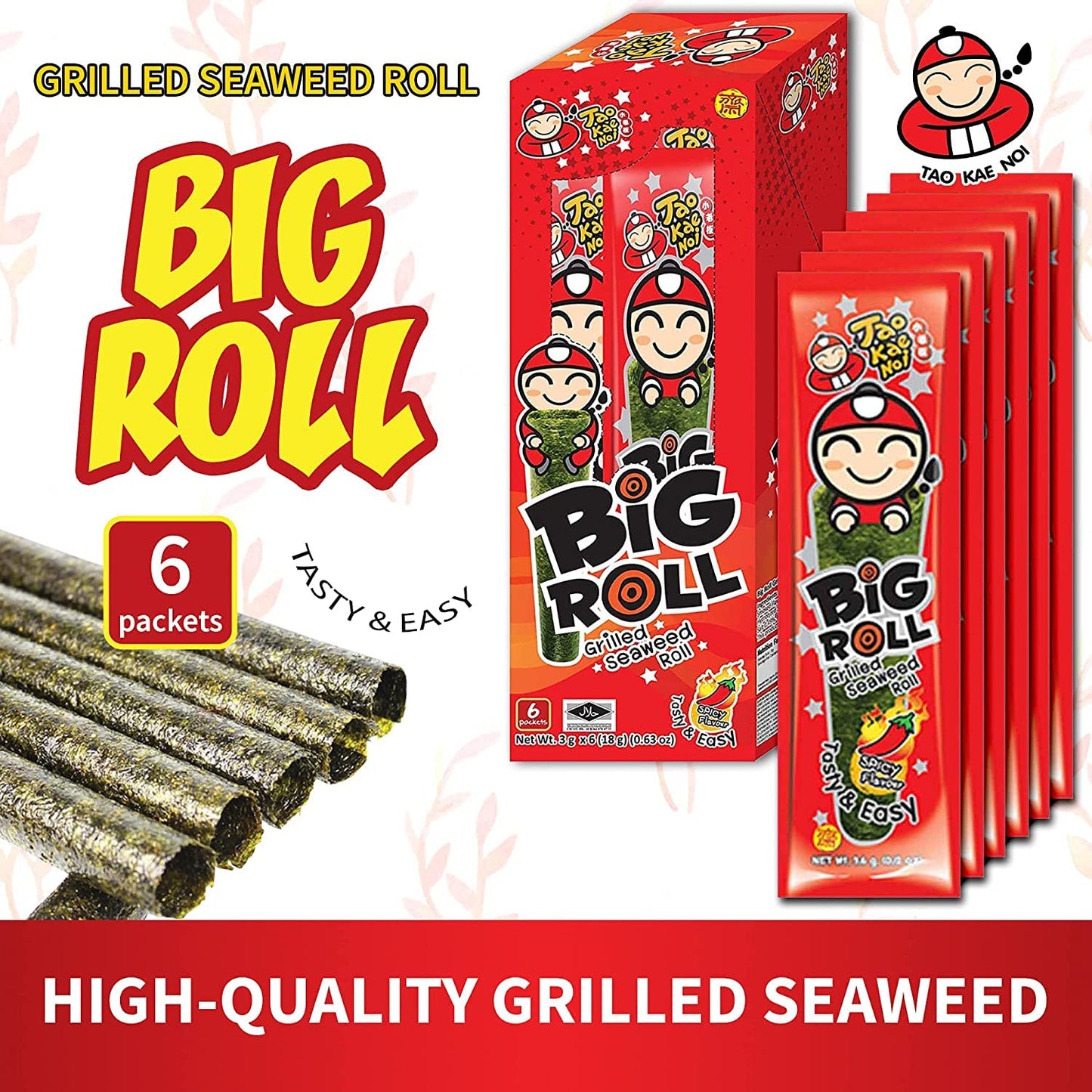 Big Roll Grilled Seaweed Snacks by Tao Kae Noi, Spicy Flavor Grilled Seaweed Rolls, Healthy Nori Sheet Rolls for Kids and Adults