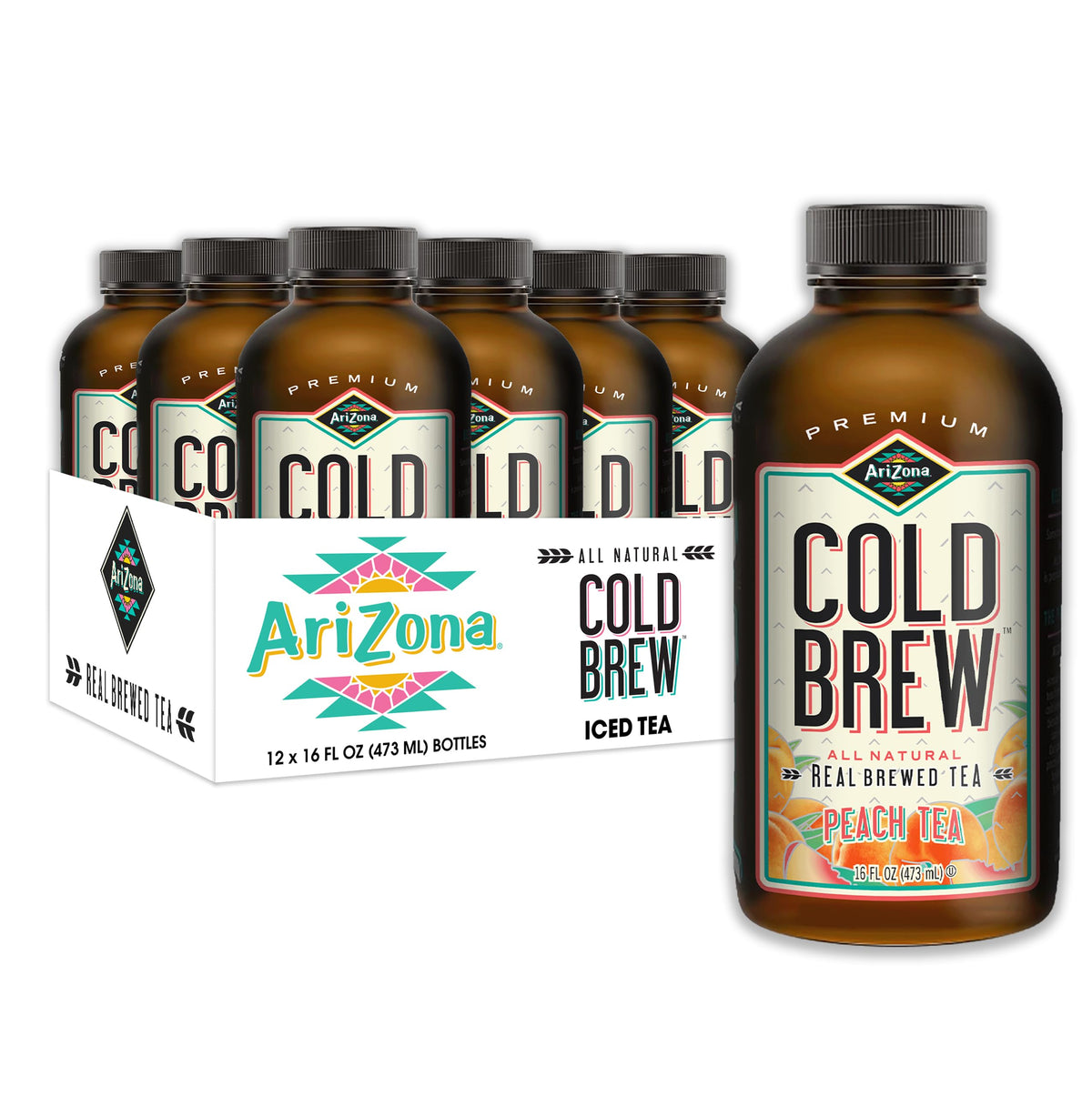 AriZona Cold Brew Peach Tea - Premium Cold Brew Iced Tea with Cane Sugar (Pack of 12)