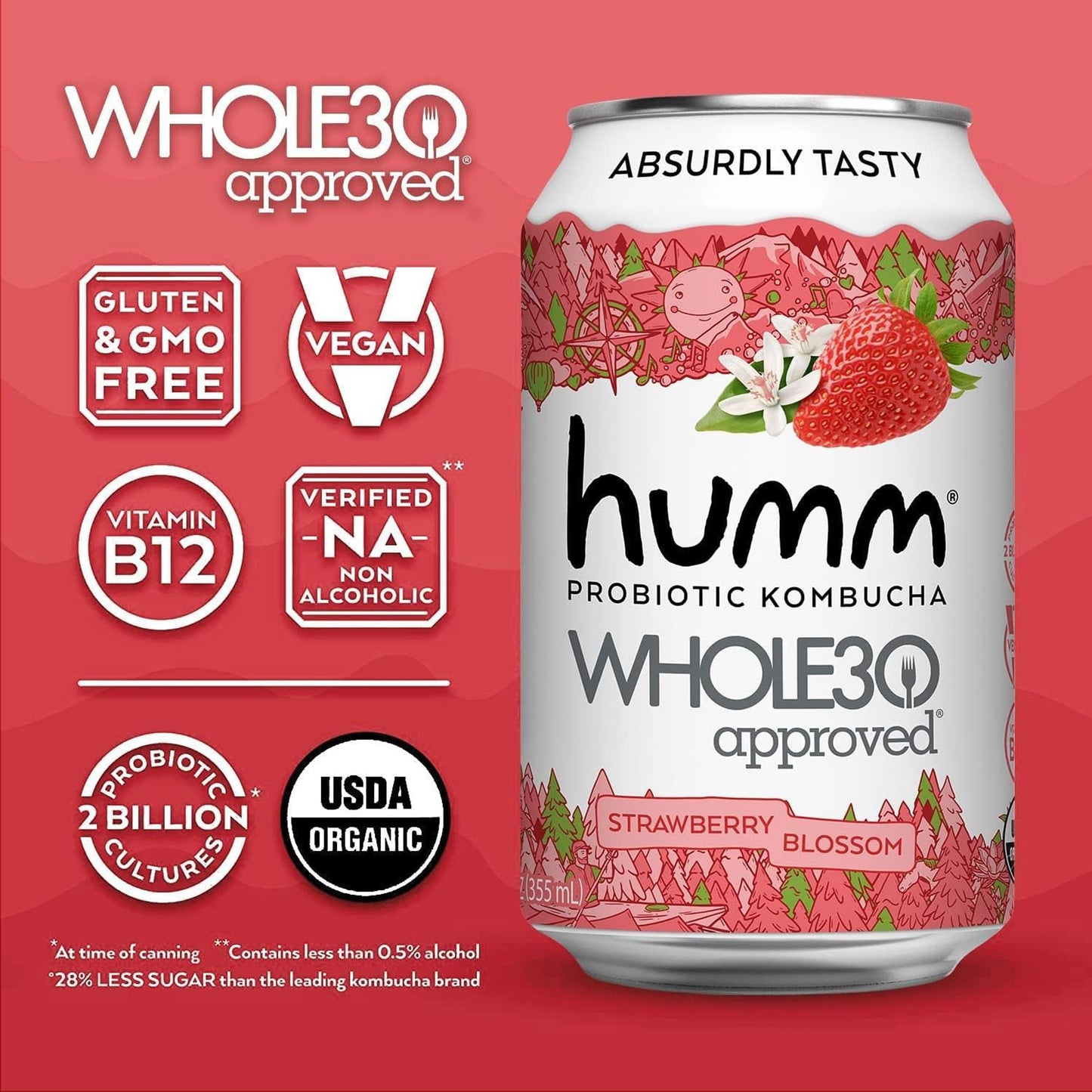 Humm Whole30 Approved Kombucha, Strawberry Blossom, Organic, Vegan & GMO Free (12 Pack)