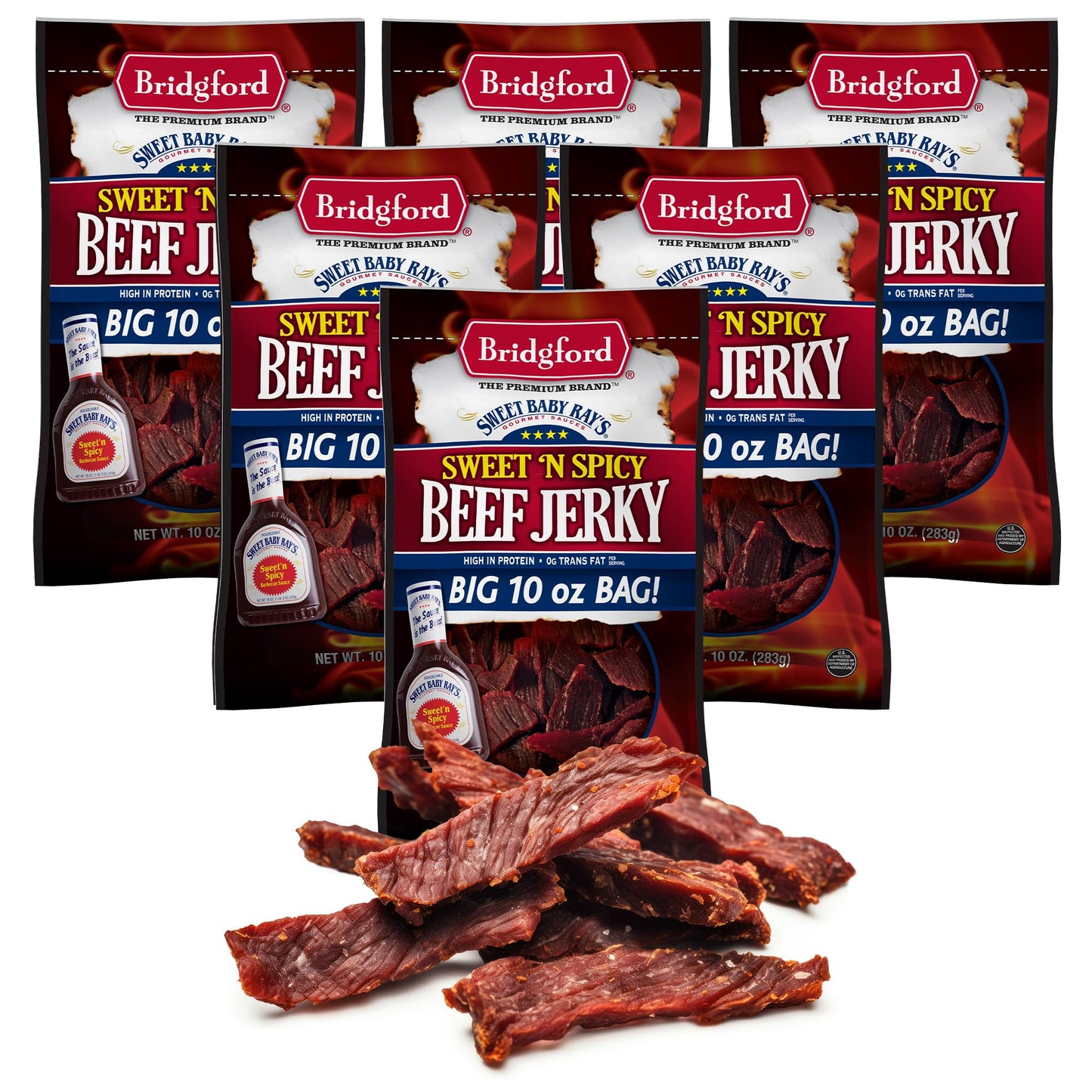 Bridgford Sweet Baby Rays Beef Jerky Sweet N Spicy 10 oz Pack of 6 - High Protein Sweetened Spicy Beef Jerky for Your Dietary Pr