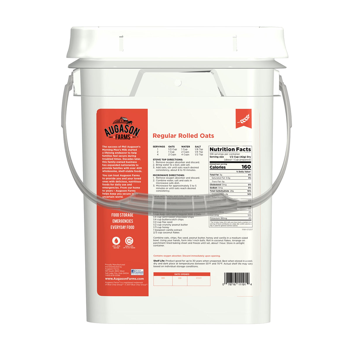 Augason Farms Regular Rolled Oats Emergency Food Storage 10 Pound Pail