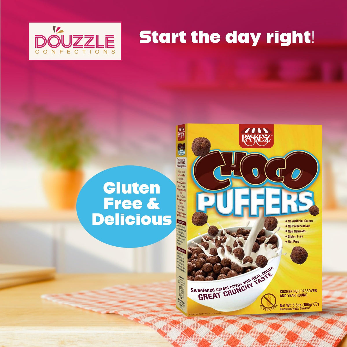 Douzzle Gluten Free Choco Puffers Breakfast Cereal, Sweetened Cocoa Crisps (Pack Of 1) Non Gebrokts Kosher For Passover Food Sna