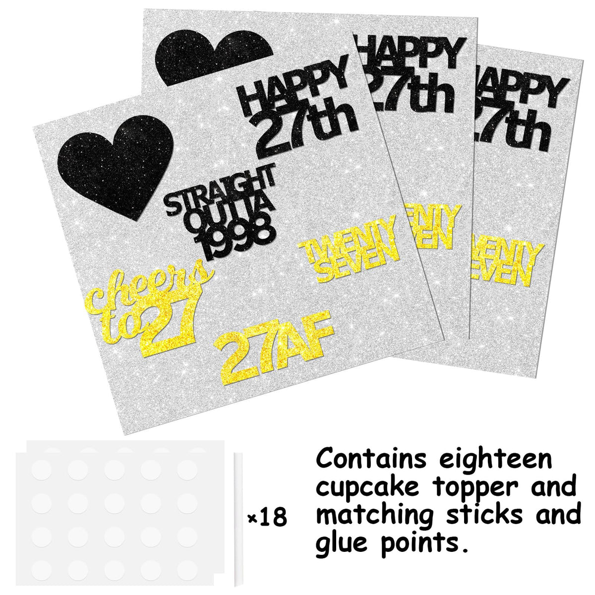 18Pcs Black Gold Glitter Dessert Cupcake Pick For Straight Outta 1998 Cheer To 27 Years Old Theme Decor Supplies Happy 27Th Birt