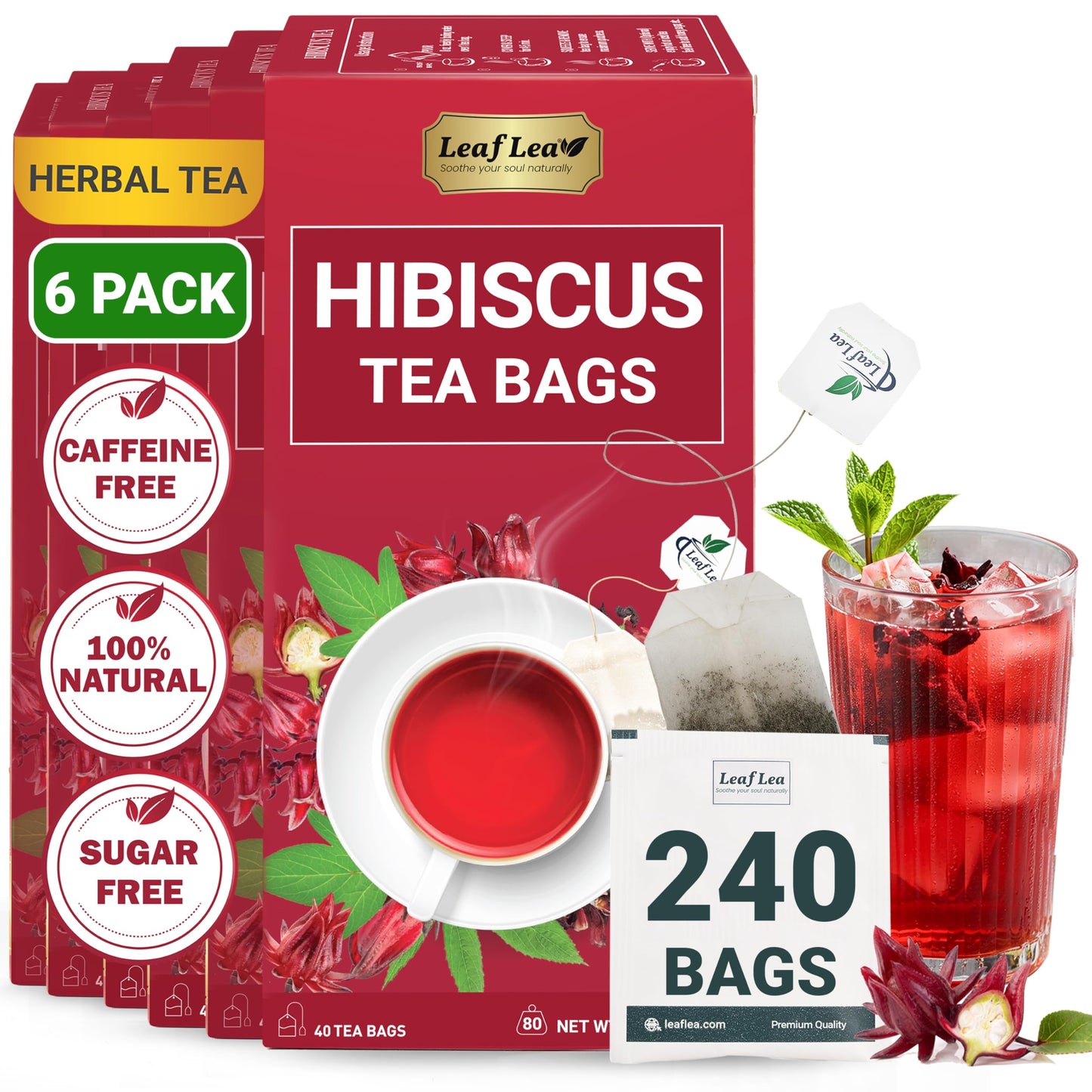 Leaflea Hibiscus Tea Bags - 240 Count  Individually Wrapped  100% Natural Hibiscus Flower Herbal Tea  Energy Blend-Free  Sugar-Free  Non-Gmo  Rich In Flavor & Color  Te De Hibisco  Jamaica Tea (Pack Of 6)