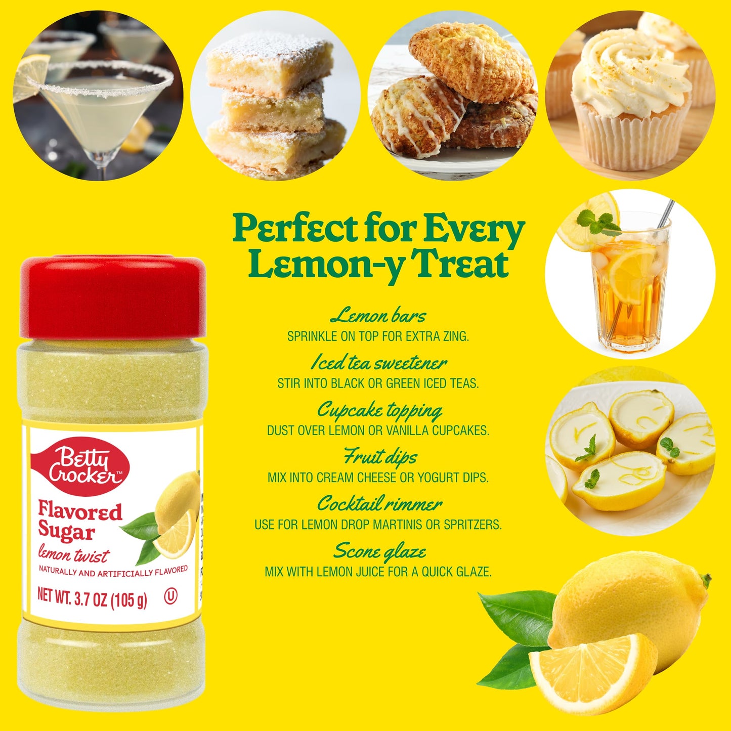 Betty Crocker Lemon Twist Flavored Sugar - Citrus Dessert Sugar for Baking, Cocktails & More, 3.7 oz