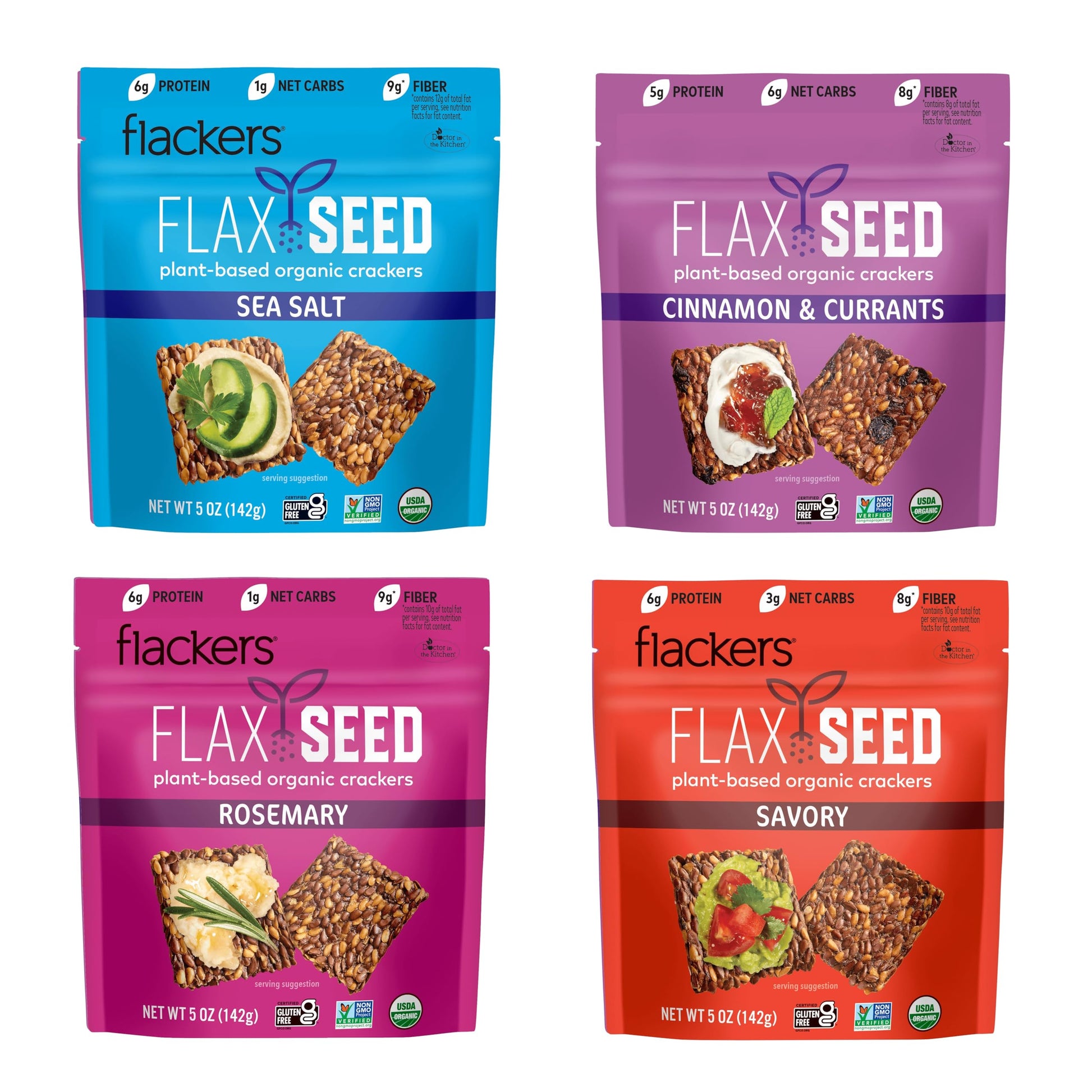 Flackers Organic Flax Seed Crackers Variety Pack - Sea Salt, Rosemary, Savory & Cinnamon, Gluten Free, Vegan, 5 Ounce (Pack of 4)