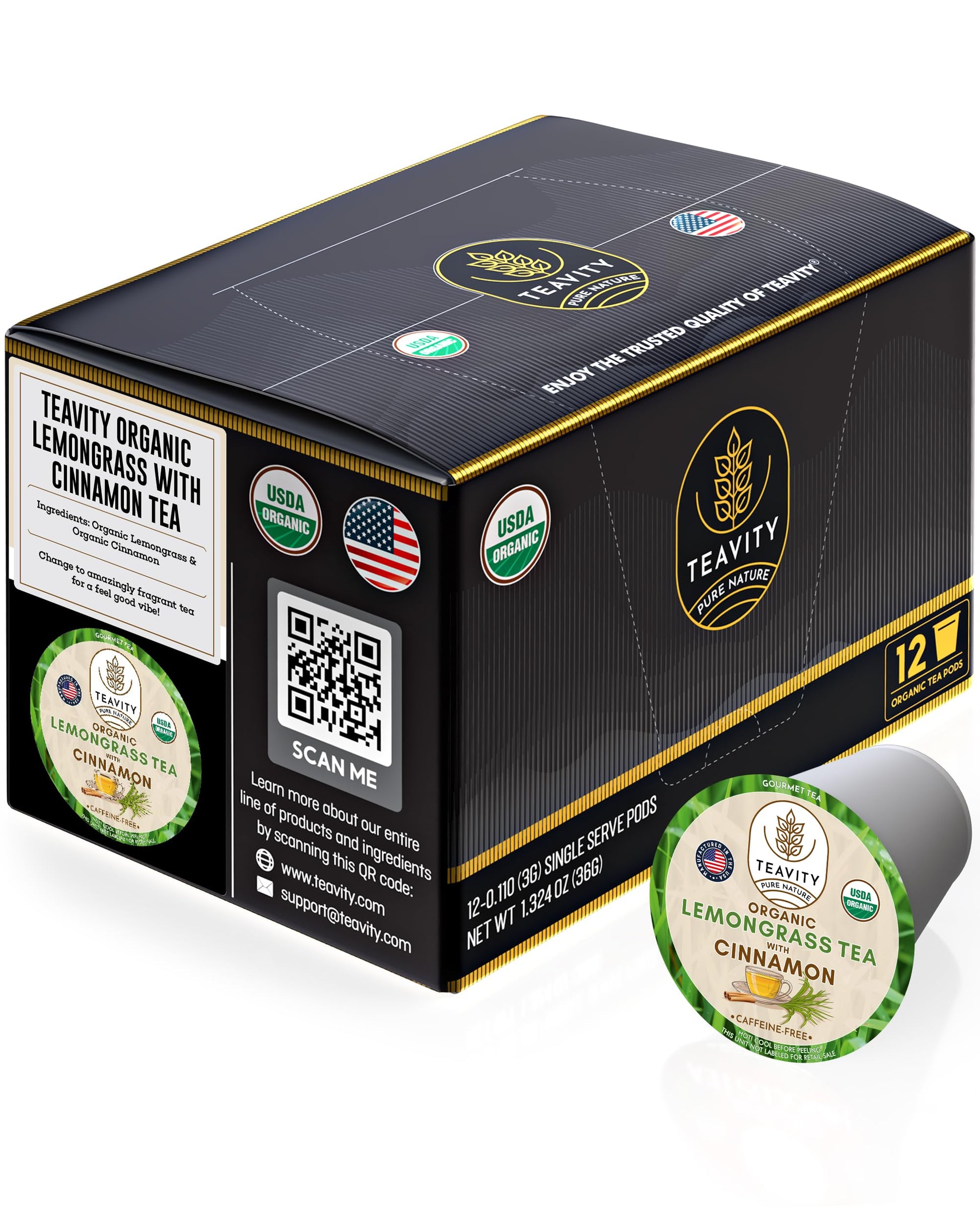 Teavity Organic Lemongrass and Cinnamon Tea Pods - Naturally Decaffeinated Herbal Tea, 12 Count