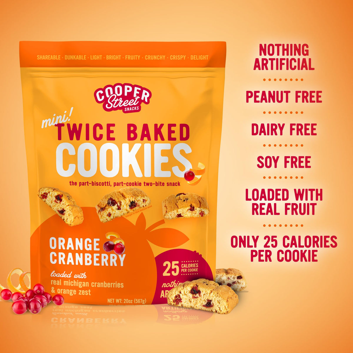 Cooper Street Twice-Baked Orange Cranberry Biscotti Cookies (16 oz - Pack of 4) - Over 50 Biscotti per Bag Loaded with Real Frui