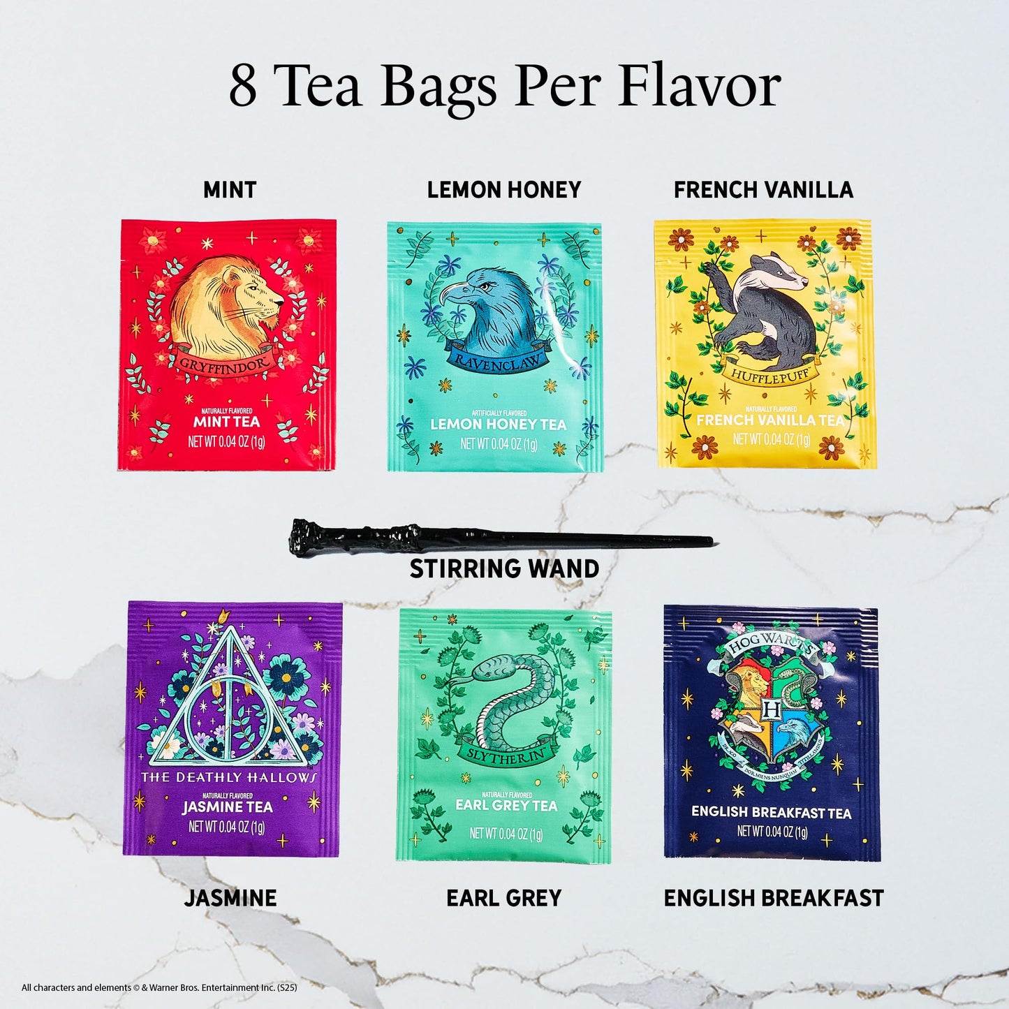 Harry Potter, Tea Gift Set, Includes Stir Wand And 48 Tea Bags In 6 Flavors, Harry Potter Gifts Tea Box With Both Green Tea Bags And Black Tea Bags
