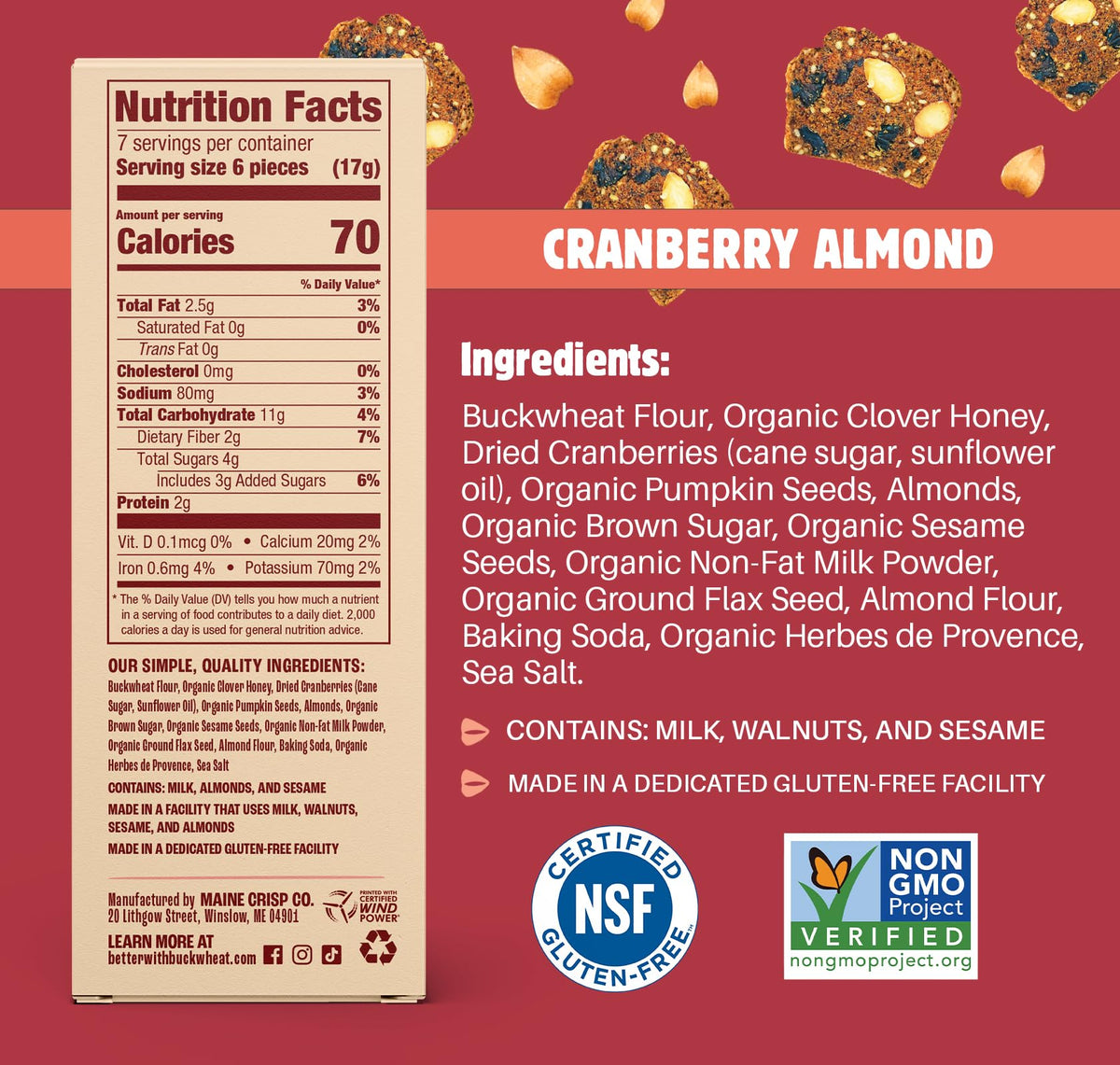 Maine Crisp Cranberry Almond Crisps, 4 Pack - Snack Crackers, Grain Free, Non-Gmo - Sweet & Savory Flavor, For Cheese Boards, Sa