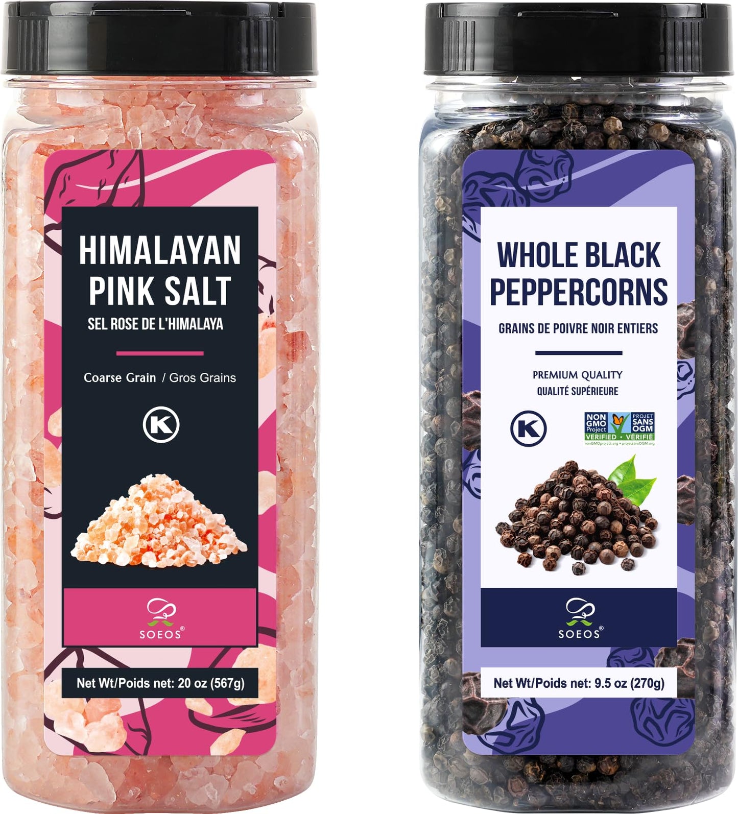 Soeos Himalayan Pink Salt 20Oz + Whole Black Peppercorns 9.5Oz Set  Coarse Grain  Salt For Grinder Refill  Salt And Pepper Grinder  Non-Gmo Verified  Spice Seasoning Set For Cooking