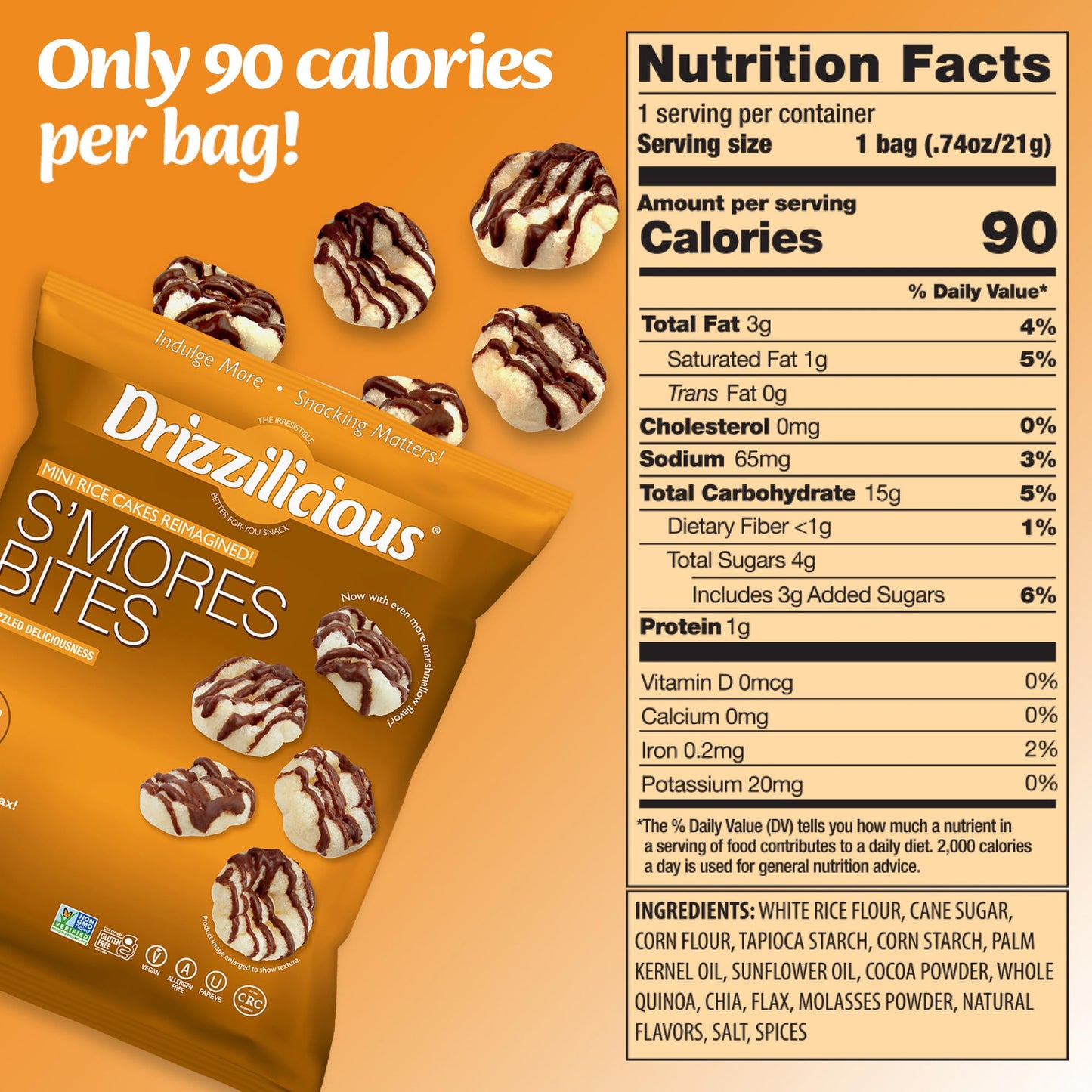 Drizzilicious Mini Rice Cakes S'Mores - Rice Crisps, Healthy Snack For Adults And Kids, Flavored Rice Cakes, Vegan, Gluten Free,