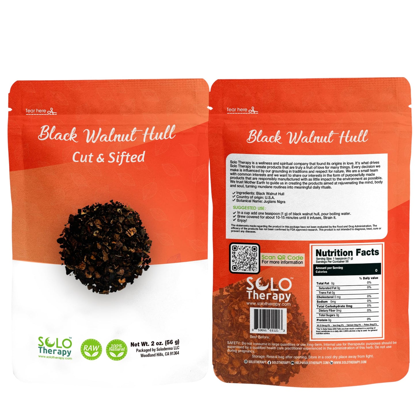 Solo Therapy Black Walnut Hull Tea - Cut and Sifted - 56 grams - Premium Quality - Resealable Bag - Juglans nigra